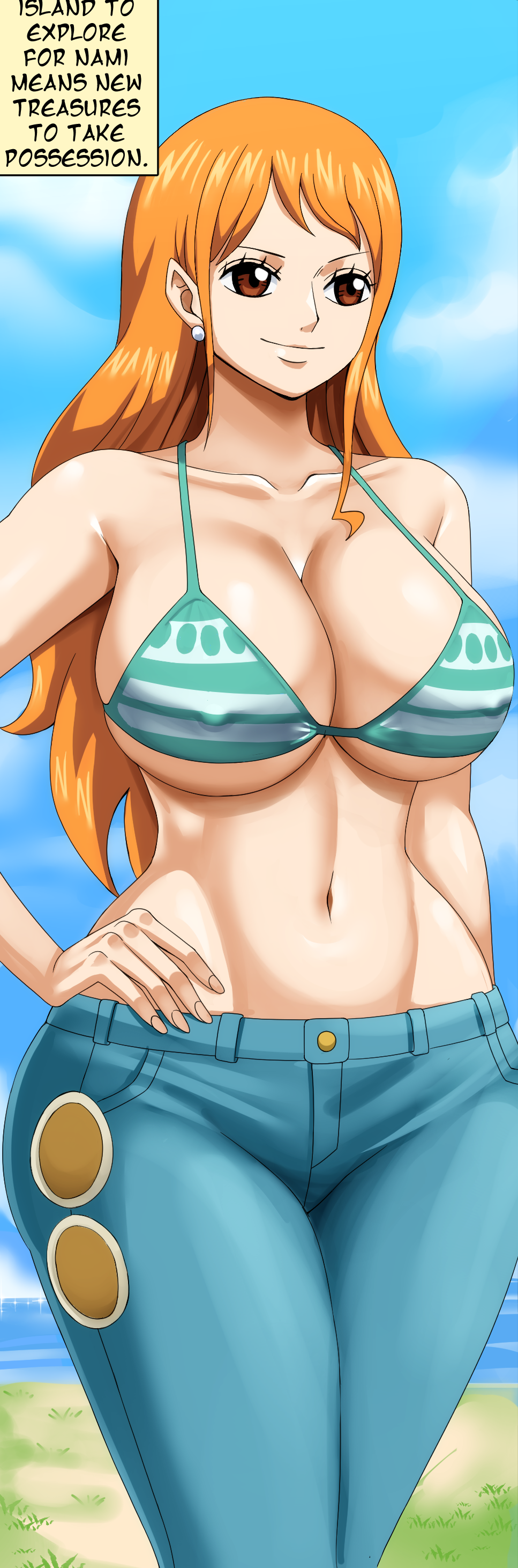 1girls big_breasts bikini bikini_top_only breasts busty child_bearing_hips cleavage confident curvy female female_only half-closed_eyes hand_on_hip highres huge_breasts jeans large_breasts legs midriff nami_(one_piece) navel one_piece orange_hair orange_hair_female pinkpawg pose posing post-timeskip sensual smile solo striped_bikini thick_thighs thighs toned voluptuous wide_hips
