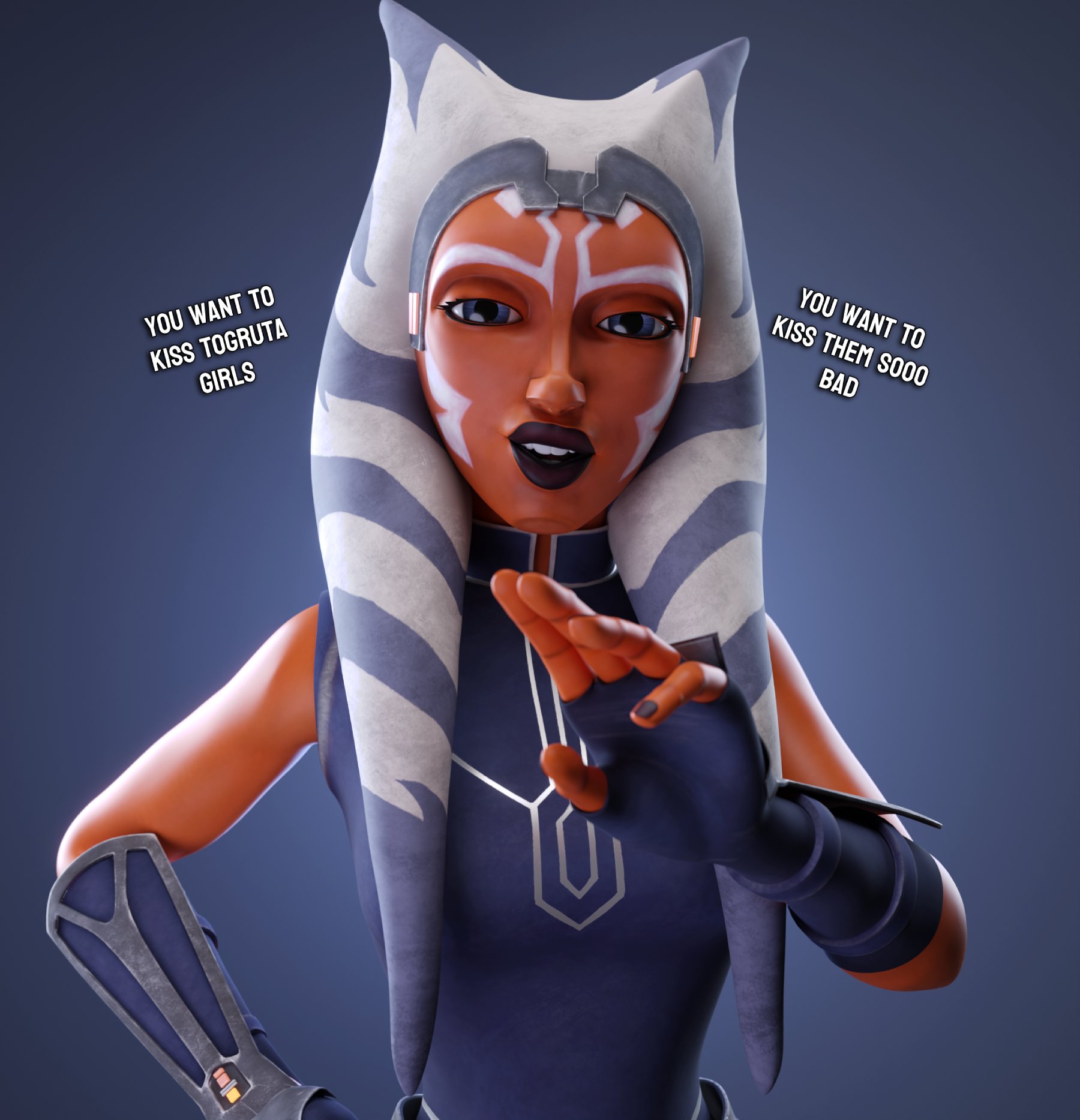 1girls, 3d, ahsoka tano, airress3d (3d-modeller), alien, alien girl, alien humanoid, athletic, athletic female, blue clothing, breasts, bust, chest, clone wars, dialogue, dress, english text, eyebrows, eyelashes, eyes, female, female focus, female only, fingerless gloves, fit, fit female, gloves, hand on hip, hips, humanoid, large breasts, legs, light skin, light-skinned female, lips, looking at viewer, lucasfilm, magic, magic user, mind control, open mouth, orange body, orange skin, orange-skinned female, sleeveless, sleeveless dress, smitty34, star wars, teeth, text, the clone wars: season seven, thick, thick legs, thick thighs, thighs, togruta, upper body, waist, wide hips