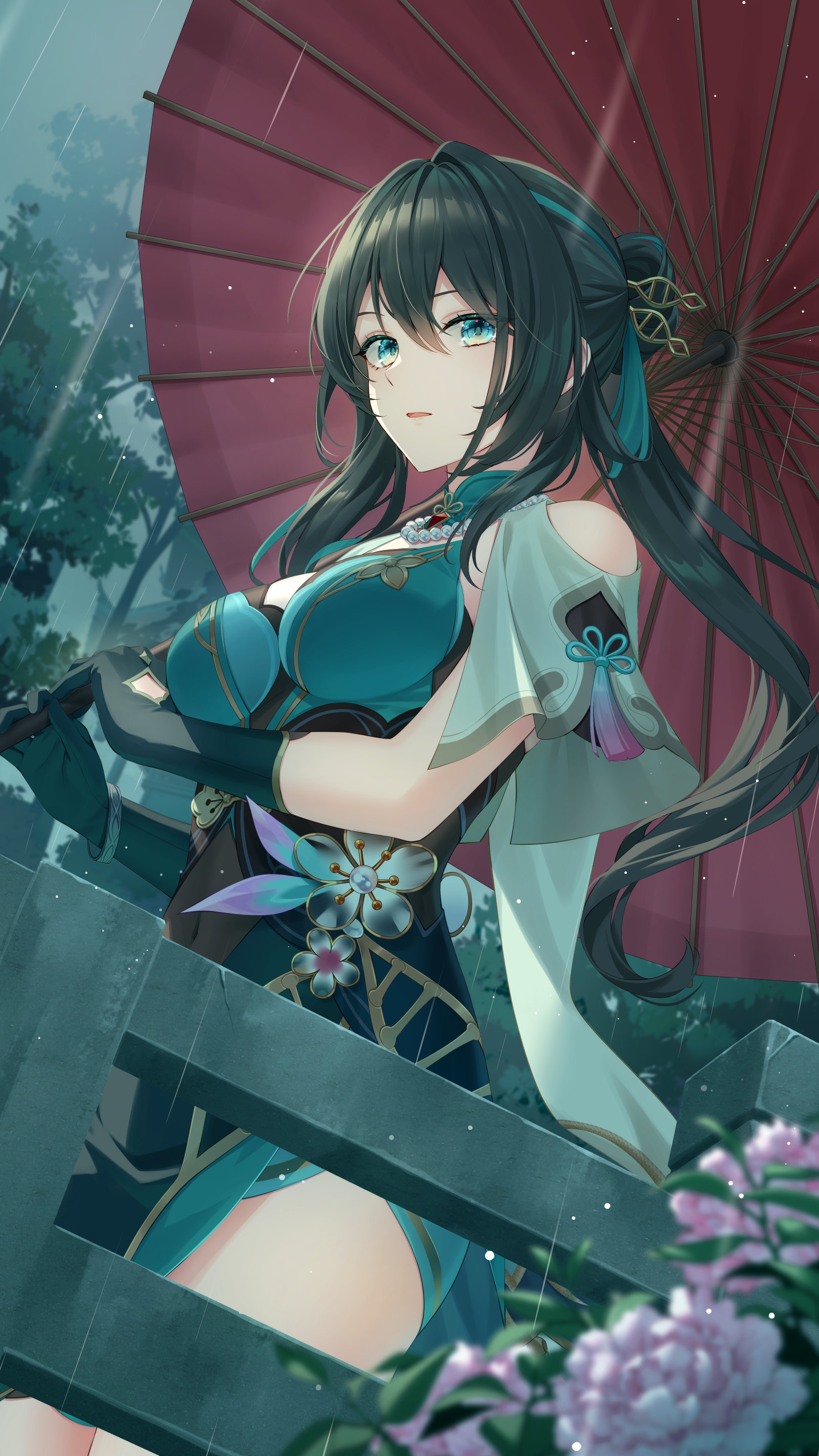 1girls, breasts, chinese clothes, clothed, cloudy sky, covered navel, female, fence, flower, gloves, hips, honkai: star rail, light skin, light-skinned female, long hair, looking at viewer, looking to the side, necklace, not porn, open mouth, outdoors, outside, parted lips, rain, raining, ruan mei (honkai: star rail), sky, solo, streaked hair, thighs, umbrella