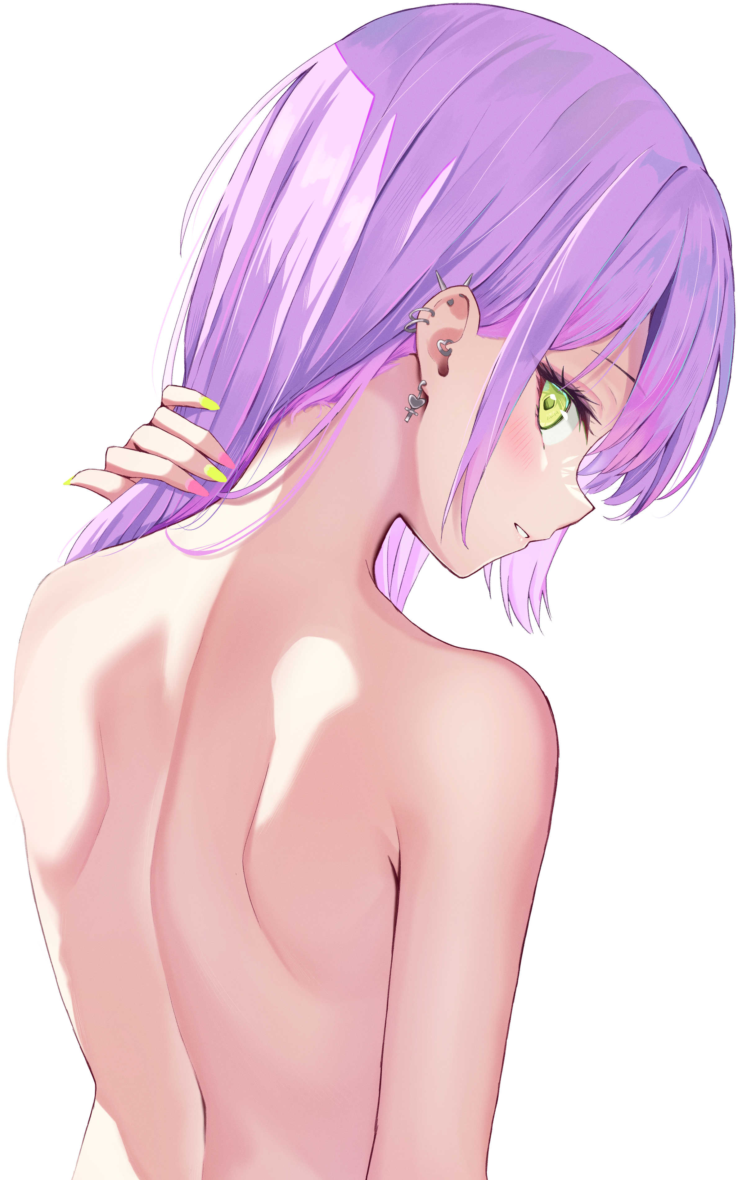 back view, completely nude, cute, ear piercing, ear ring, female, green eyes, holoforce, hololive, hololive japan, looking back, naked, naked female, nude, nude female, purple hair, tokoyami towa, virtual youtuber