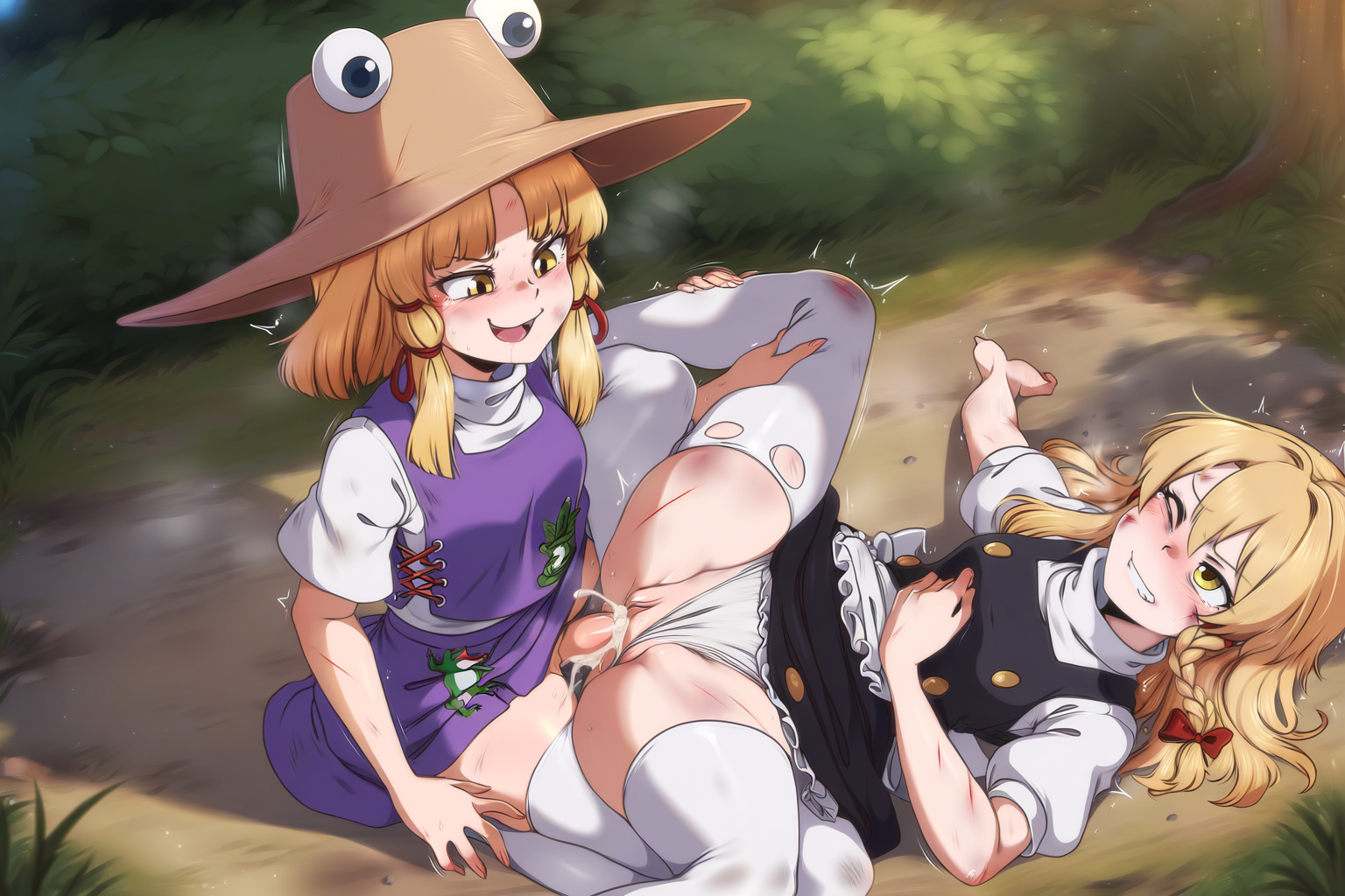 1futa, 1girls, ai generated, blonde hair, female, futa on female, futanari, hat, intersex, long hair, marisa kirisame, missionary position, panties, penis, pussy, rape, sex, short hair, suwako moriya, touhou, wheelinghubcap, white panties, yellow eyes