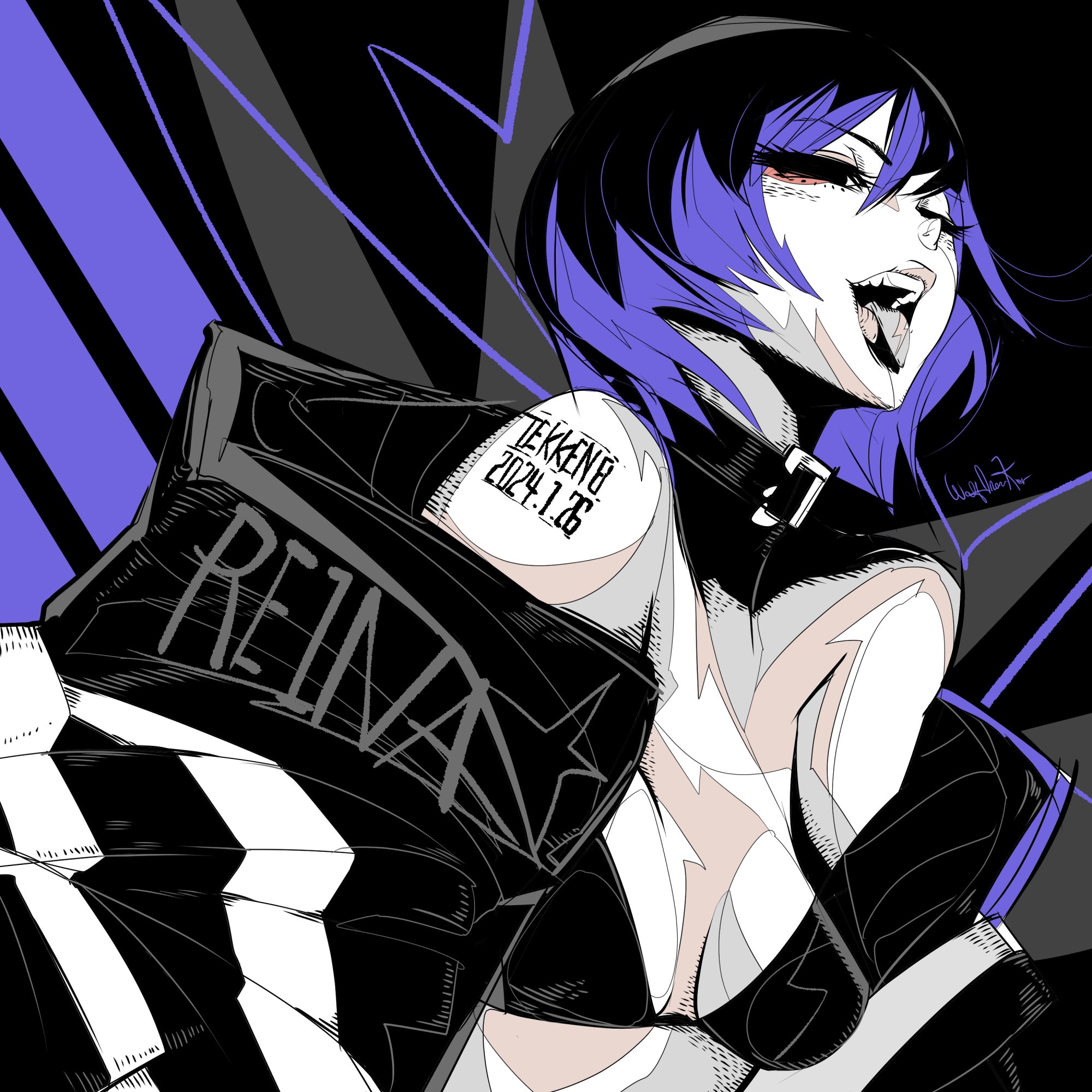 1girls, 2d, 2d (artwork), bra, female, female only, fully clothed, namco, open clothes, open jacket, open mouth, reina mishima, solo, tekken, tekken 8, wolfmarker