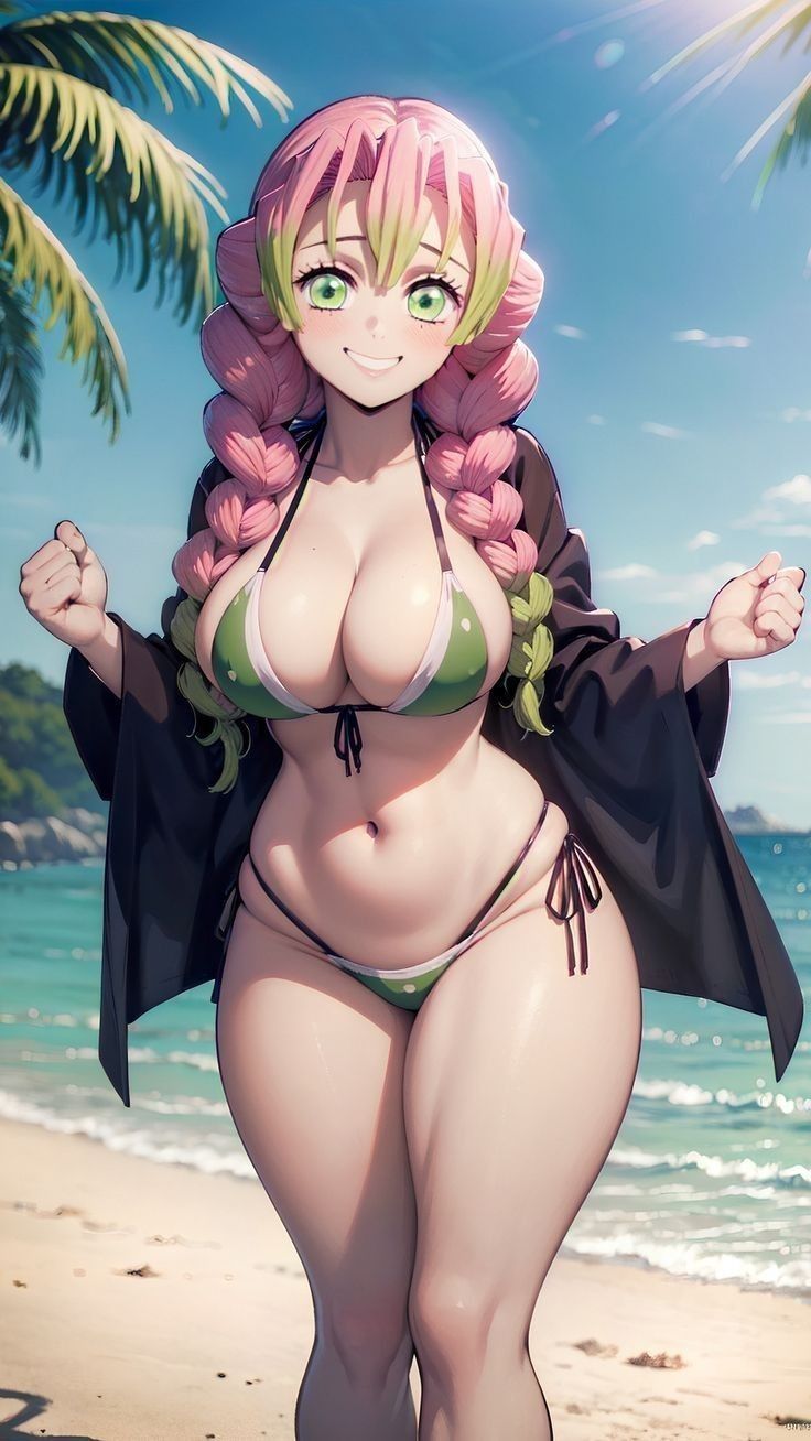 ai generated, beach, bikini, breasts, cleavage, cloak, demon slayer, female, female only, green eyes, green hair, kanroji mitsuri, kimetsu no yaiba, pink hair, seaside, smile, tagme, thick thighs, voluptuous, wide hips