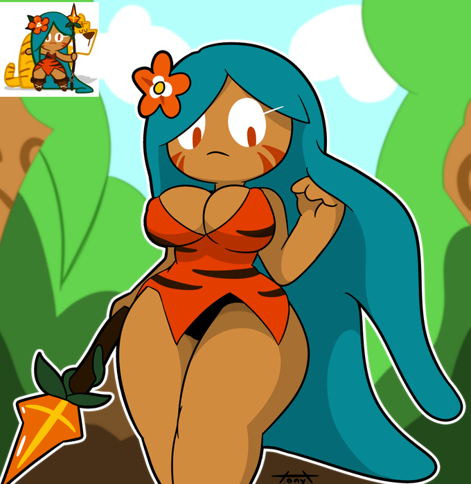 blue_hair breasts cleavage cookie_run dress facepaint flower flower_in_hair holding_object long_hair looking_down orange_eyes spear tagme thick_thighs tiger_lily_cookie tonytoran viewed_from_below voluptuous weapon wide_hips