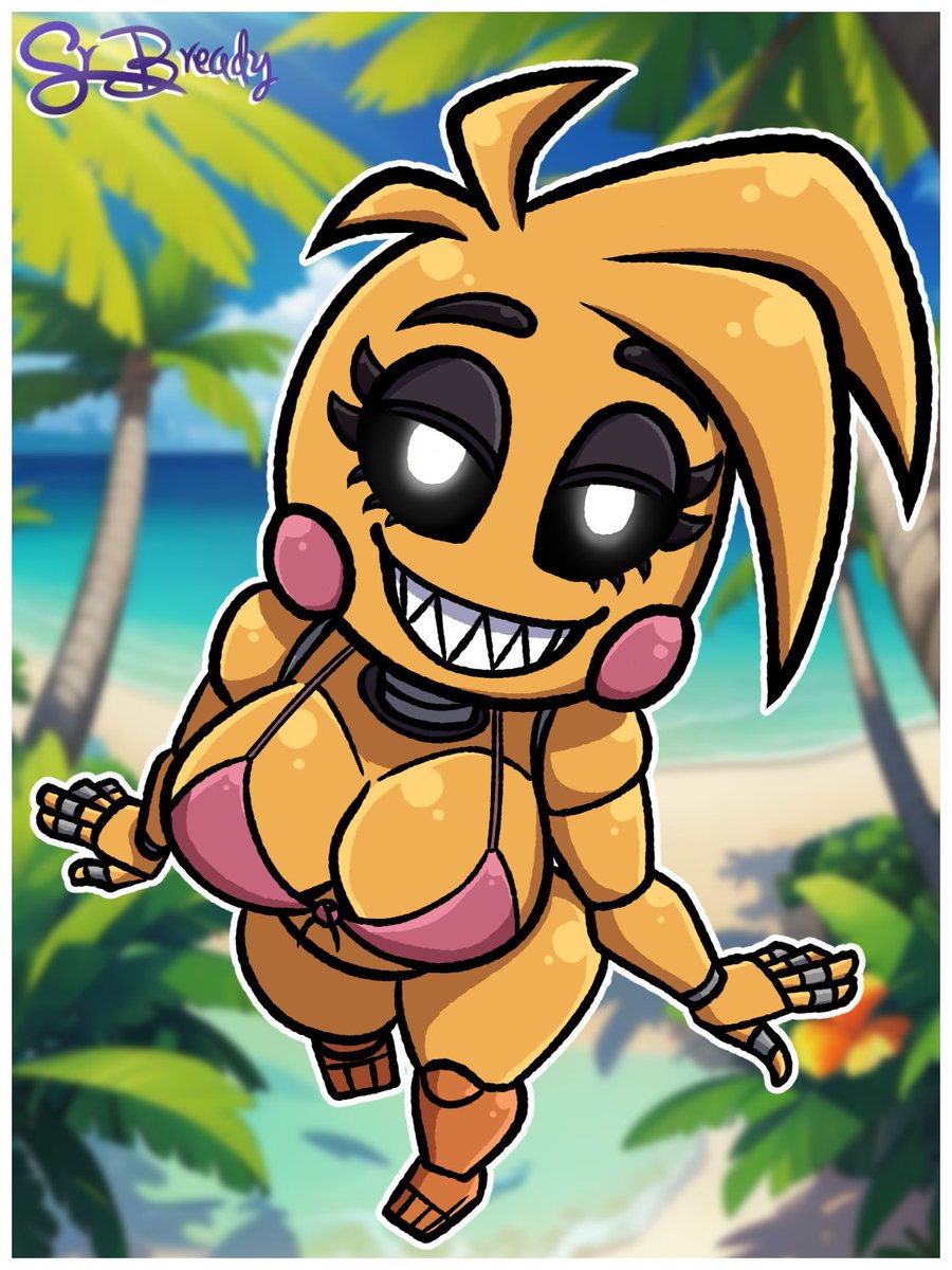 1female 1girls animatronic animatronic_female artist_name avian barefoot beach bedroom_eyes big_breasts bikini bikini_top bird black_sclera blurred_background breasts bush bushes cleavage eyebrows eyelashes feet female five_nights_at_freddy's five_nights_at_freddy's_2 fnaf front-tie_bikini glowing_eyes grin grinning grinning_at_viewer half-closed_eyes large_breasts looking_at_viewer outdoors palm_tree palm_trees posing rosy_cheeks sharp_teeth smile smiling smiling_at_viewer solo srbready swimwear thick_thighs toy_chica_(fnaf) vegetation water white_border white_pupils yellow_body