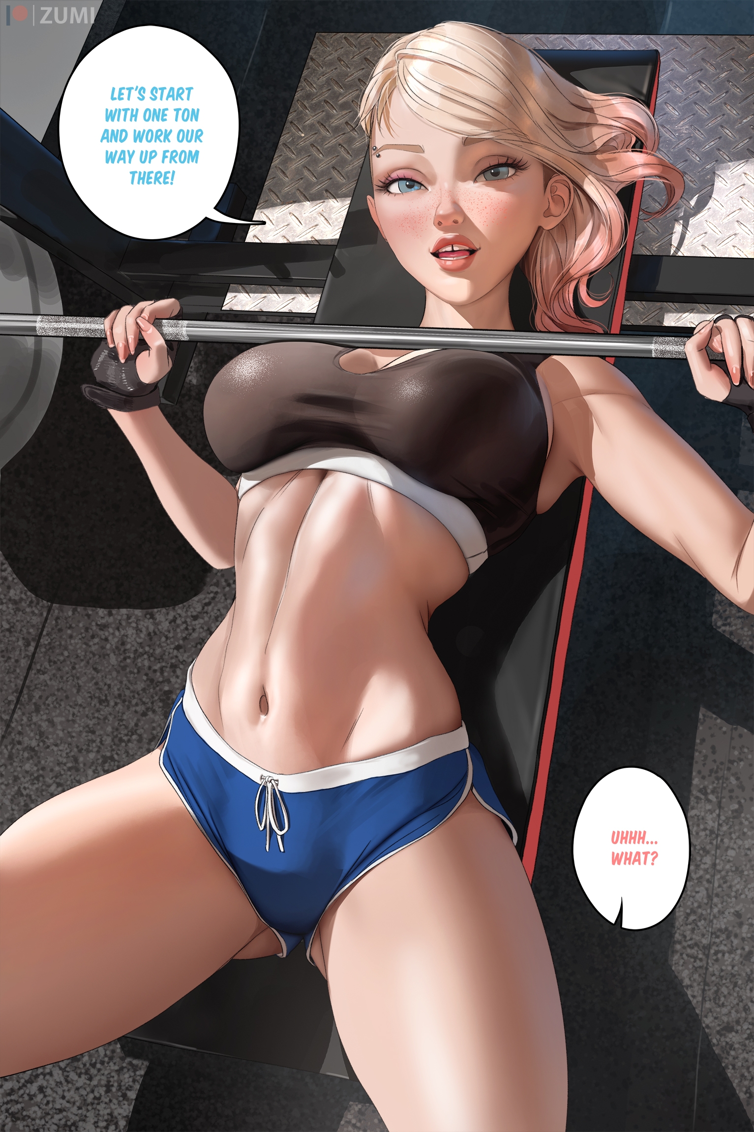1girls, abs, big breasts, blonde hair, blue eyes, breasts, clothed, dialogue, dialogue box, english text, eyebrow piercing, female, female only, gwen stacy, gym, gym clothes, highres, marvel, marvel comics, punk hair, revealing outfit, solo, spider-gwen, spider-man: across the spider-verse, text, toned, toned female, weight bench, weightlifting, workout clothes, zumi