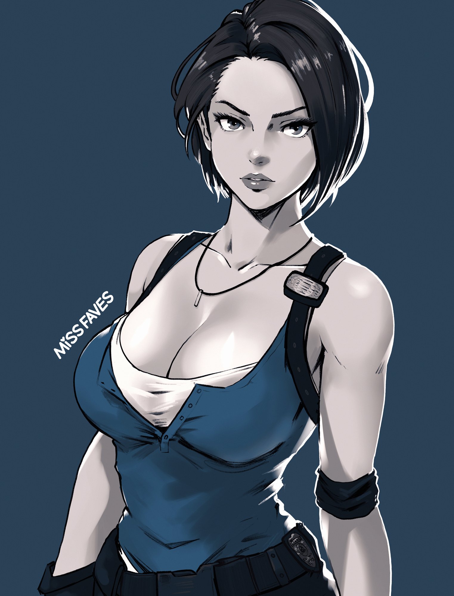 artist name, belt, black hair, blue background, blue shirt, blue theme, breasts, cleavage, female, forehead, highres, jewelry, jill valentine, lips, looking at viewer, medium breasts, missfaves, parted lips, pendant, resident evil, resident evil 3, resident evil 3 remake, shirt, short hair, solo, upper body