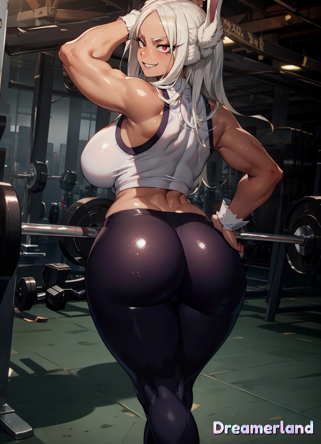 1girls, ai generated, ass, ass focus, back view, big ass, big breasts, boku no hero academia, breasts, brown skin, brown skinned female, bunny ears, female, female only, fit, fit female, gym, gym clothes, gym uniform, long hair, looking at viewer, looking back, miruko, my hero academia, posing, red eyes, rumi usagiyama, showing off, thick, thick thighs, voluptuous, voluptuous female, white hair, wide hips
