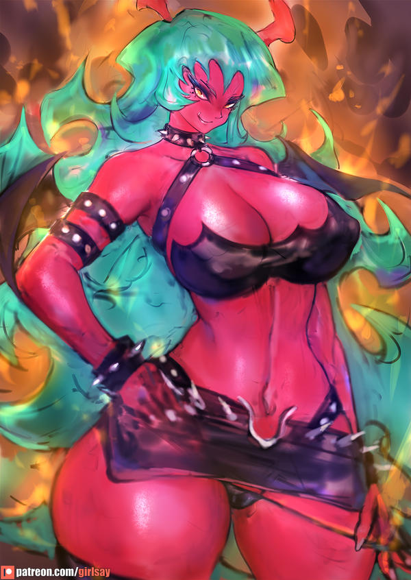 1girls, bikini top, bracelet, breasts, choker, cleavage, demon, demon girl, female, female only, girlsay, green skin, hand on hip, horns, humanoid, long hair, panty & stocking with garterbelt, pulling panties, revealing clothes, scanty daemon, short skirt, skirt, solo, solo female, thick thighs, thighhighs, voluptuous, wide hips, yellow eyes