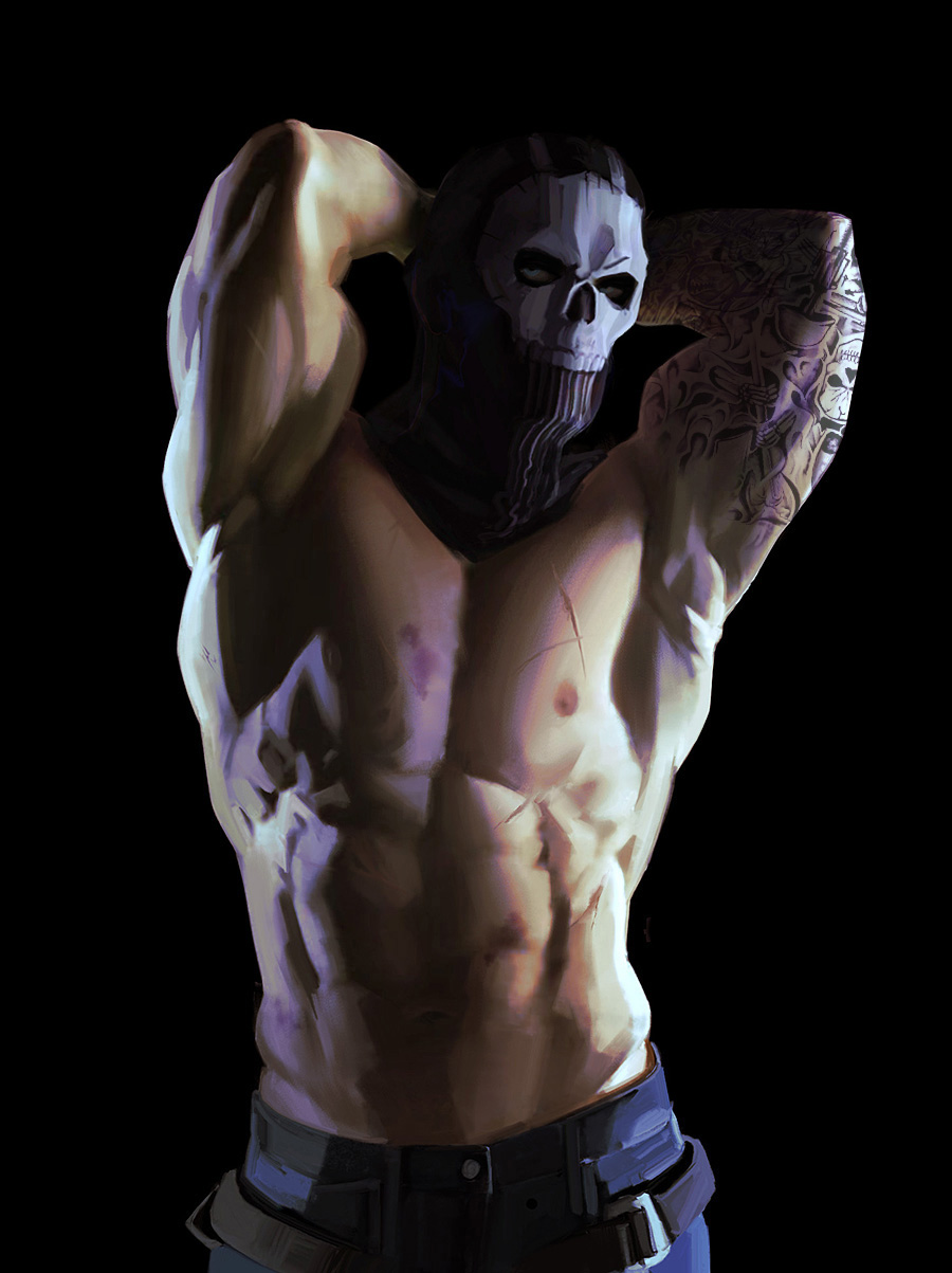 1boy alternate_version_available call_of_duty call_of_duty_modern_warfare_2_(2022) daddy ghost_(modern_warfare_2) highres huntang513 male_focus male_only manly mask masked masked_male pinup posing posing_for_the_viewer shirtless shirtless_(male) shirtless_male simon_riley solo_male tough_guy