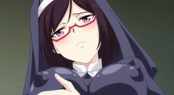 10s, 1girls, 2010, 2029, 2d, animated, animated gif, big breasts, bitch gakuen ga seijun na hazu ga nai!!?, blush, breasts, brown hair, busty, character request, covered erect nipples, erect nipples, erect nipples under clothes, female, female only, gif, glasses, grabbing own breast, hentai, human, in heat, large breasts, lowres, masturbation, nipples, nun, open mouth, purple eyes, short hair, showten, solo
