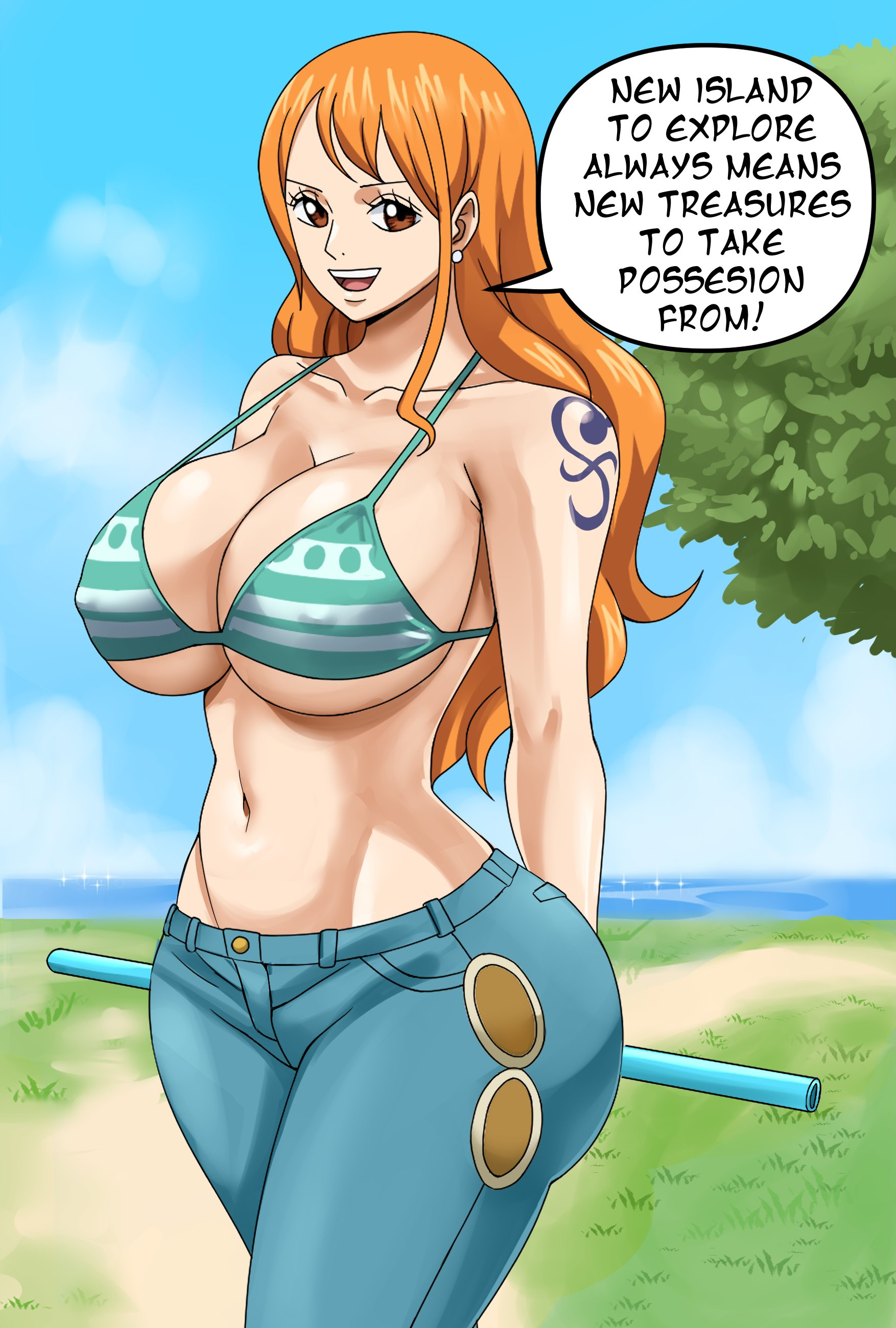1girls, arm tattoo, arms behind back, big breasts, bikini, bikini top only, blue tattoo, breasts, busty, child bearing hips, cleavage, curvy, female, female only, half-closed eyes, highres, huge breasts, jeans, large breasts, legs, linea alba, midriff, nami (one piece), navel, one piece, orange hair, orange-haired female, pinkpawg, post-timeskip, sensual, smile, solo, striped bikini, tattoo, thick thighs, thighs, toned, voluptuous, wide hips