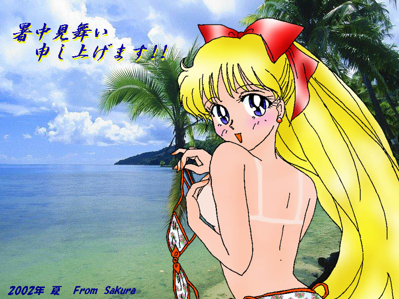 1girls 2002 bikini bishoujo_senshi_sailor_moon blonde_hair blue_eyes blush bow covering covering_breasts female female_only human japanese_text looking_back minako_aino realistic_background rear_view sakura_(artist) small_breasts solo swimsuit tagme tanline topless translation_request