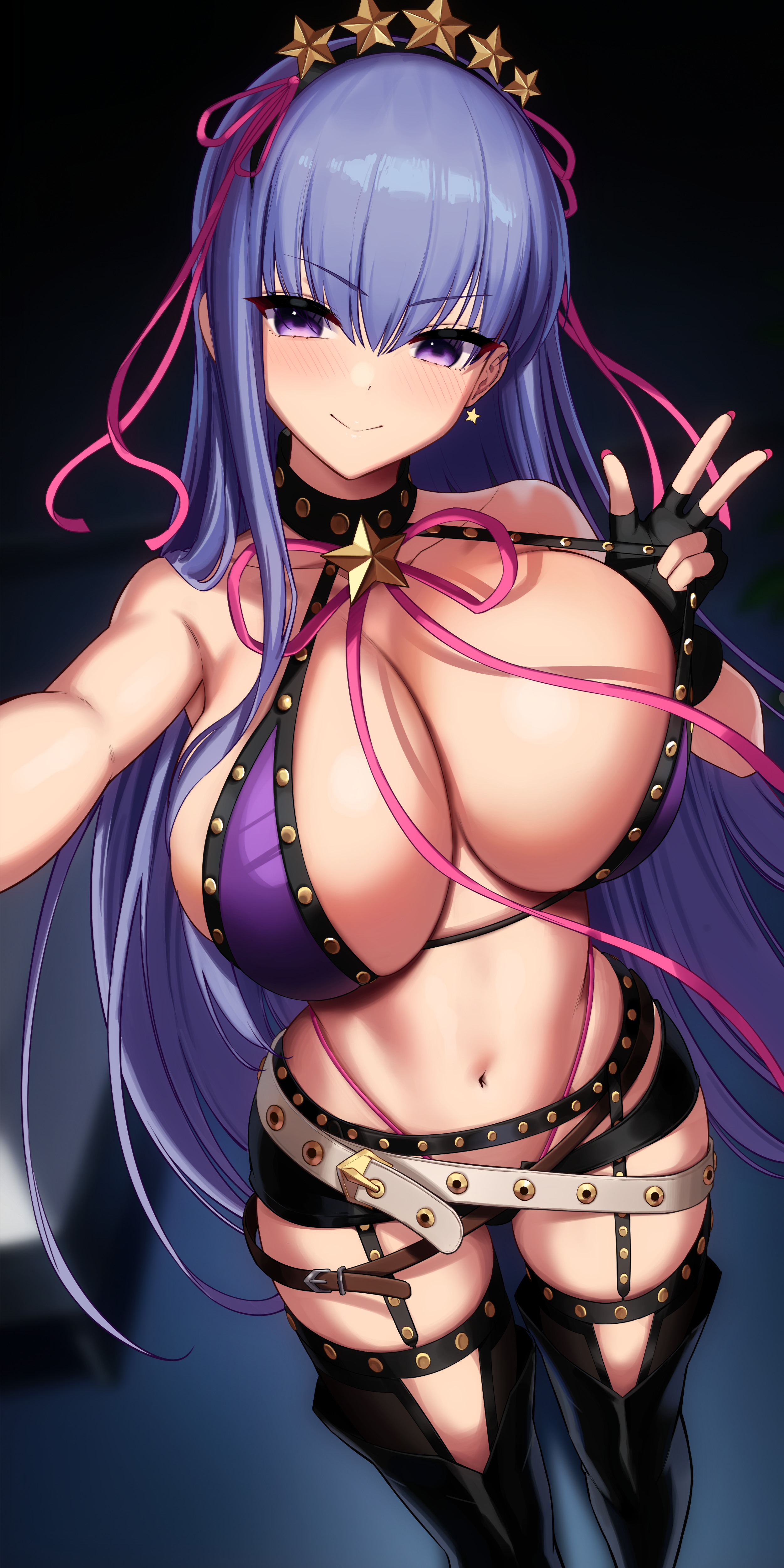 1girls, bb (fate), bb (swimsuit mooncancer), bikini, breasts, center opening, fate (series), fate/grand order, female, hi res, hips, huge breasts, kook, light skin, light-skinned female, naughty face, purple eyes, purple hair, selfie, thick thighs, thighs, wide hips