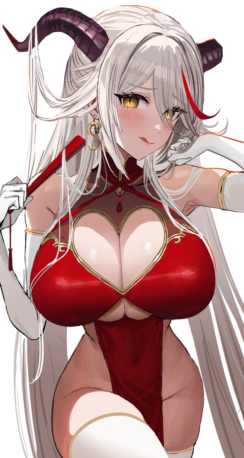 1girls absurdres aegir_(azur_lane) armpits arms_up azur_lane blush breasts china_dress chinese_clothes cleavage cleavage_cutout clothing_cutout demon_horns dress female folding_fan hand_fan highres holding holding_hair horns huge_breasts iron_blood_(azur_lane) jewelry kaki_z3 leg_up light-skinned_female light_skin long_hair looking_at_viewer looking_to_the_side no_panties red_dress red_hair solo thighhighs white_background white_hair white_thighhighs yellow_eyes