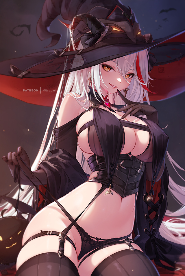 aegir_(azur_lane) alternate_costume azur_lane black_gloves black_headwear black_horns black_panties black_thighhighs breasts commentary_request earrings female finger_to_mouth gloves hair_between_eyes halloween hat horns jewelry large_breasts long_hair looking_at_viewer mitsu_(mitsu_art) navel panties patreon_username red_hair smile solo thighhighs thighs underwear very_long_hair white_hair witch_hat yellow_eyes