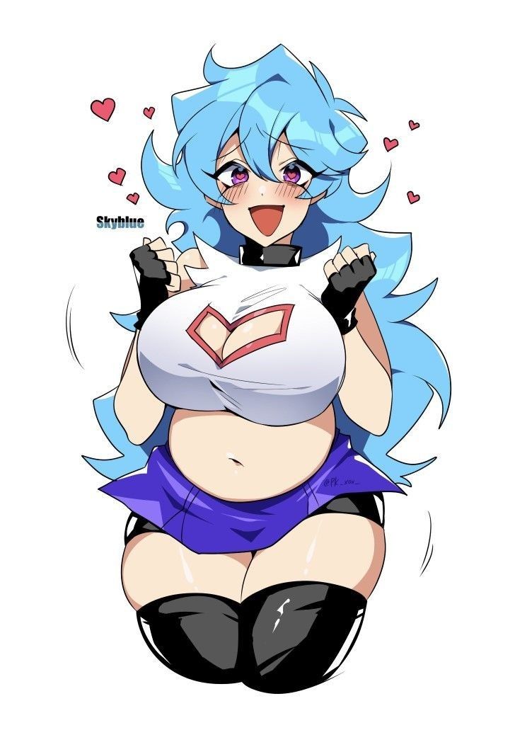 1girls, bare shoulders, blue eyes, blush, boob window, breasts, chubby, crop top, female, female only, friday night funkin, gloves, heart-shaped pupils, huge breasts, human, large breasts, long hair, navel, pk xox , purple eyes, shorts, skirt, sky (friday night funkin), skyblue, skyverse, smile, stockings, tagme, teenager, thick thighs, tongue, torn clothes, wide hips