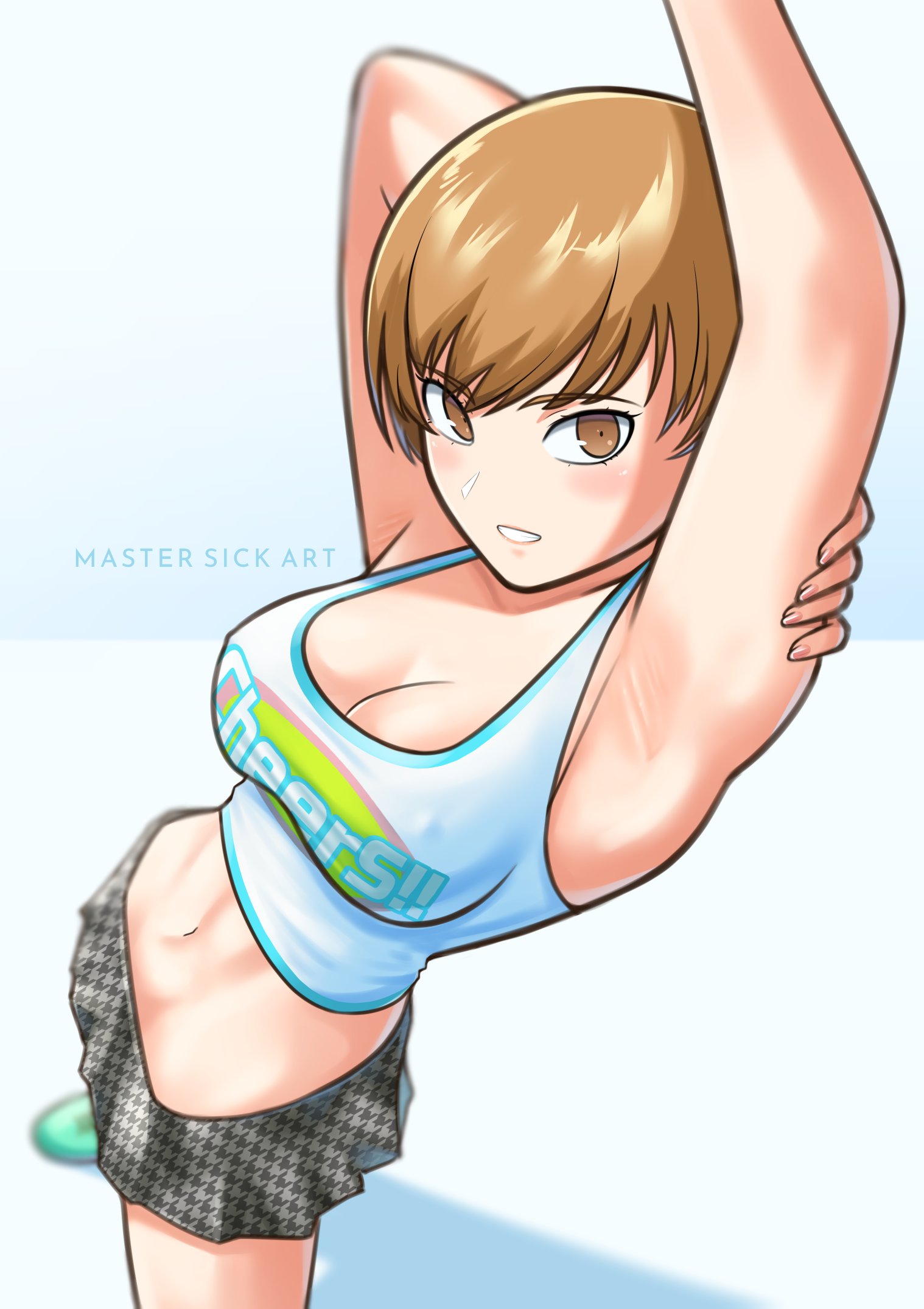1girls, arms above head, arms behind head, arms up, atlus, blush, breasts, brown eyes, brown hair, female, female only, light skin, light-skinned female, looking at viewer, mastersickart, midriff, nipples visible through clothing, no bra, persona, persona 4, persona 4: dancing all night, satonaka chie, short hair, skirt, solo, solo female, solo focus, tank top, textless, tomboy