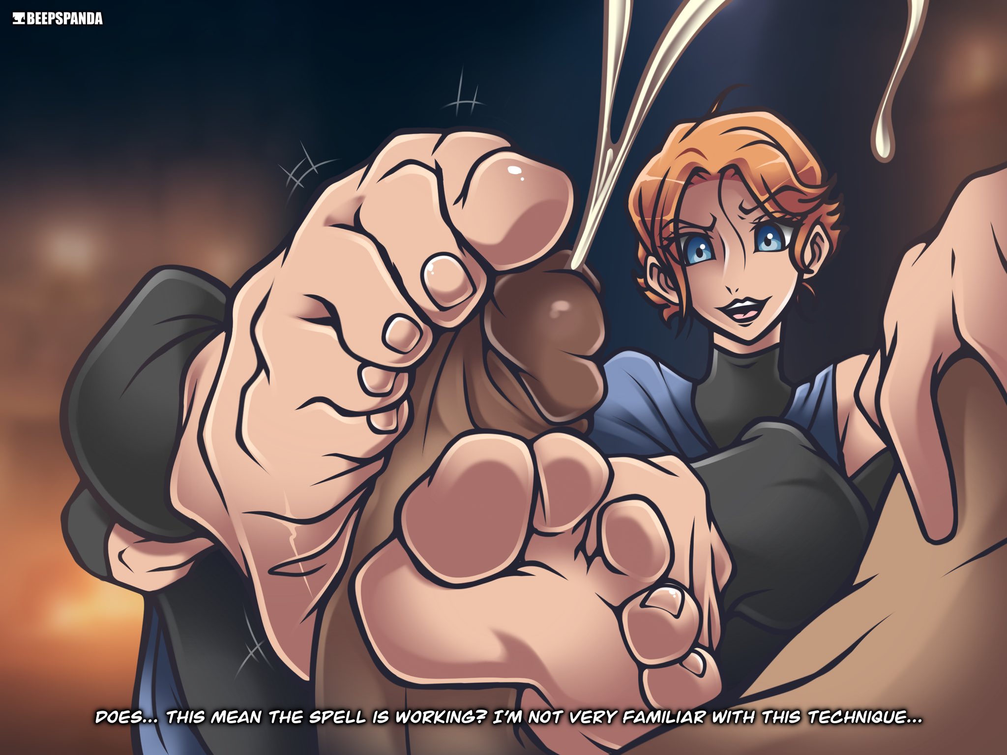 1boy, 1girls, barefoot, blue eyes, bronypanda, castlevania, castlevania (netflix), clothed female, cum, ejaculation, english text, erection, feet, female, foot fetish, foot focus, footjob, male, penis, short hair, sypha belnades, text, toes, uncensored