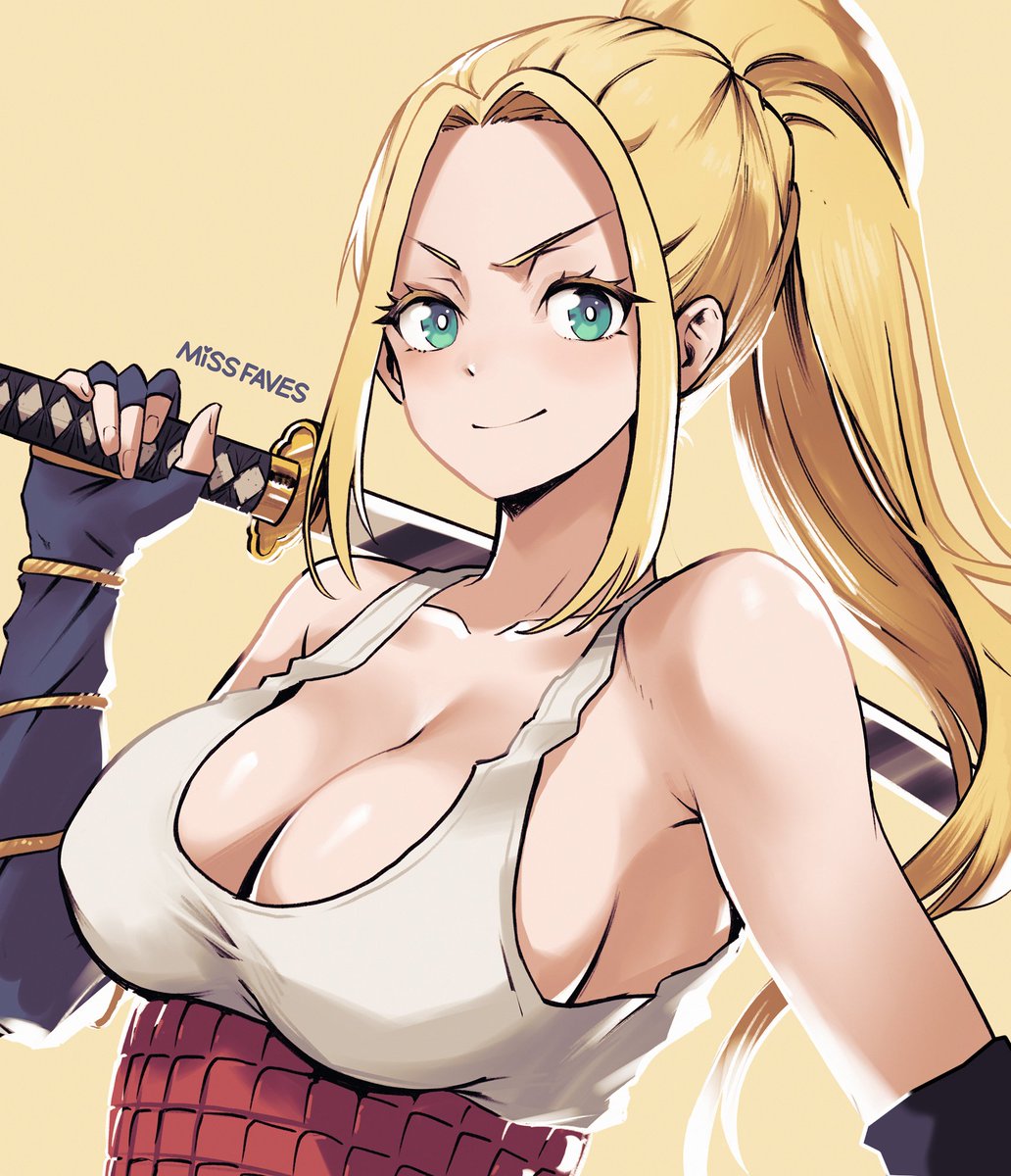armor beatrix_amerhauser black_gloves blonde_hair blue_eyes breasts cleavage closed_mouth commentary english_commentary female fingerless_gloves gloves high_ponytail highres holding holding_sword holding_weapon japanese_armor katana kusazuri large_breasts long_hair looking_at_viewer missfaves over_shoulder smile solo sword sword_over_shoulder tank_top upper_body weapon weapon_over_shoulder white_tank_top yellow_background zom_100:_zombie_ni_naru_made_ni_shitai_100_no_koto zom_100_zombie_ni_naru_made_ni_shitai_100_no_koto