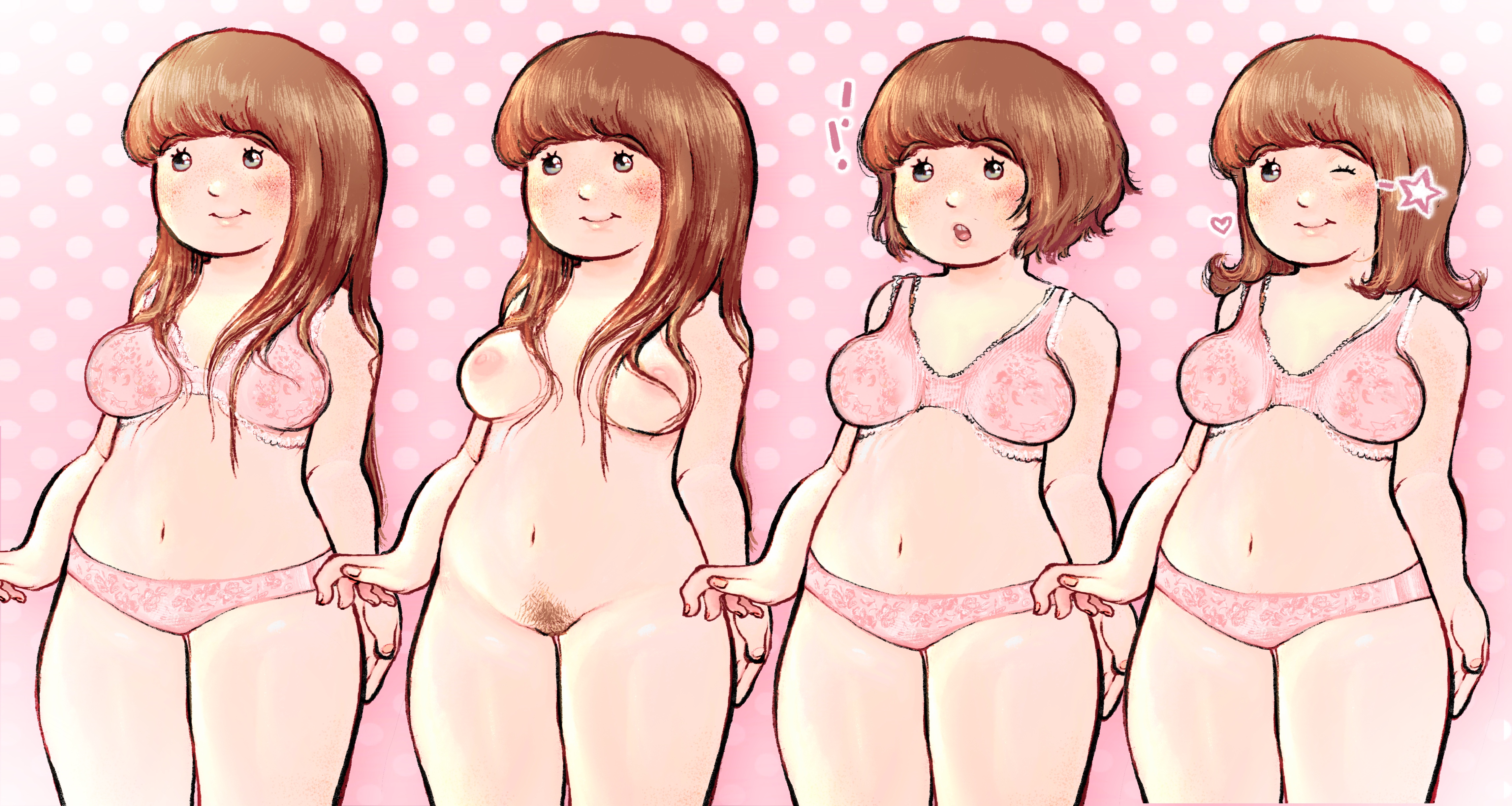 !, 1girls, bangs, breasts, brown hair, brown pubic hair, casual, casual nudity, character sheet, chubby, chubby cheeks, chubby female, cowboy shot, cute, cute face, different expressions, different hair style, female, flowersonwalls, freckled face, freckles, freckles on breasts, freckles on face, gregory (flowersonwalls), haircut, heart, light brown hair, light brown pubic hair, light skin, light-skinned female, long hair, multiple views, nude, nude female, pale skin, pale-skinned female, pink background, pink body, pink nipples, pink panties, polka dot, polka dot background, pubic hair, pubic tuft, short hair, shortstack, solo, solo female, sweet, variant set, wink, winking at viewer