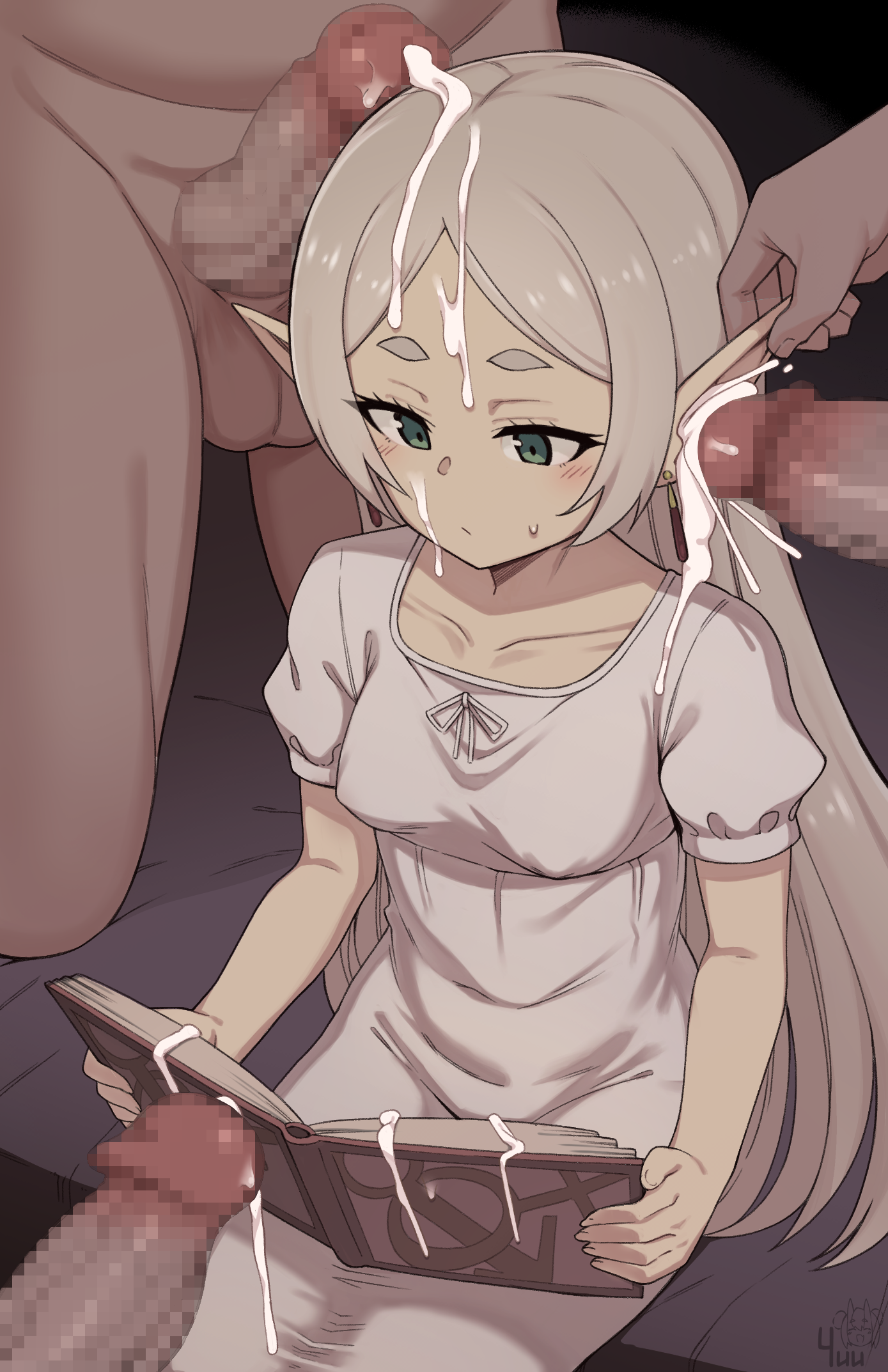 1girls, 3boys, balls, black background, blush, book, breasts, bukkake, censored, censored yuu, closed mouth, collarbone, covered erect nipples, cum, cum in ear, cum on face, cum on hair, cum on head, cumdrip, dress, earrings, elf, facial, female, frieren, from above, green eyes, green hair, holding, holding book, indoors, jewelry, long hair, looking down, male, medium breasts, mosaic censoring, multiple boys, multiple males, parted bangs, penis, pointy ears, puffy short sleeves, puffy sleeves, reading, short eyebrows, short sleeves, sidelocks, sitting, sousou no frieren, surrounded by penises, sweat, testicles, thick eyebrows, white dress