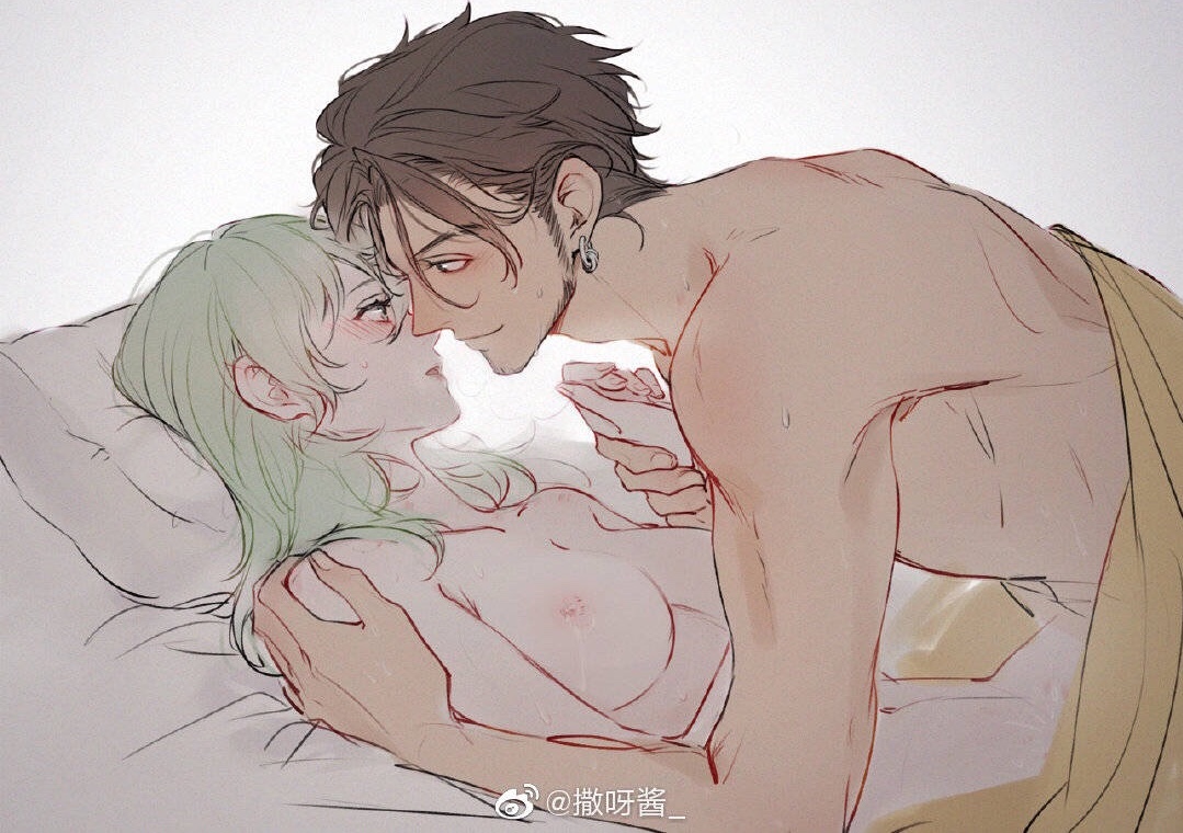 1boy, 1girls, blanket, boy on top, breasts, byleth (fire emblem), byleth (fire emblem) (female), claude von riegan, couple, female, fire emblem, fire emblem: three houses, holding hands, looking at another, male, male on top, on back, on bed, pillow, post-timeskip, sheets, smile, straight