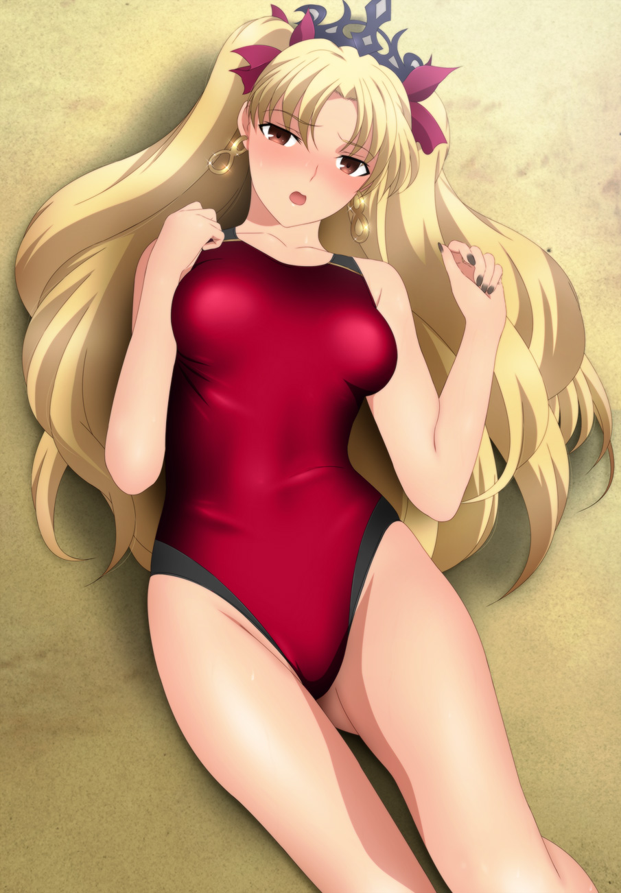 1girls bare_shoulders blonde_hair breasts brown_hair competition_swimsuit ereshkigal_(fate) fate/grand_order fate_(series) female legs long_blonde_hair looking_at_viewer lying one-piece_swimsuit parted_bangs red_one-piece_swimsuit red_swimsuit thighs twintails yadokari_genpachirou