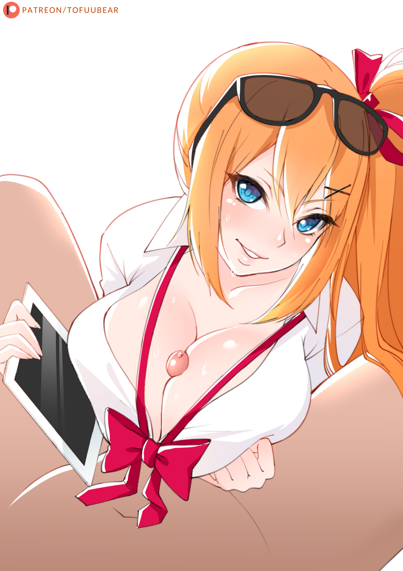 1boy, 1girls, alternate breast size, big breasts, breasts, cleavage, color, engulfing paizuri, erection, female, girls' frontline, huge breasts, kalina (girls' frontline), large breasts, looking at viewer, male, paizuri, paizuri lead by female, paizuri on lap, paizuri under clothes, penis, pov, shiny skin, straight, tip peeking, tofuubear