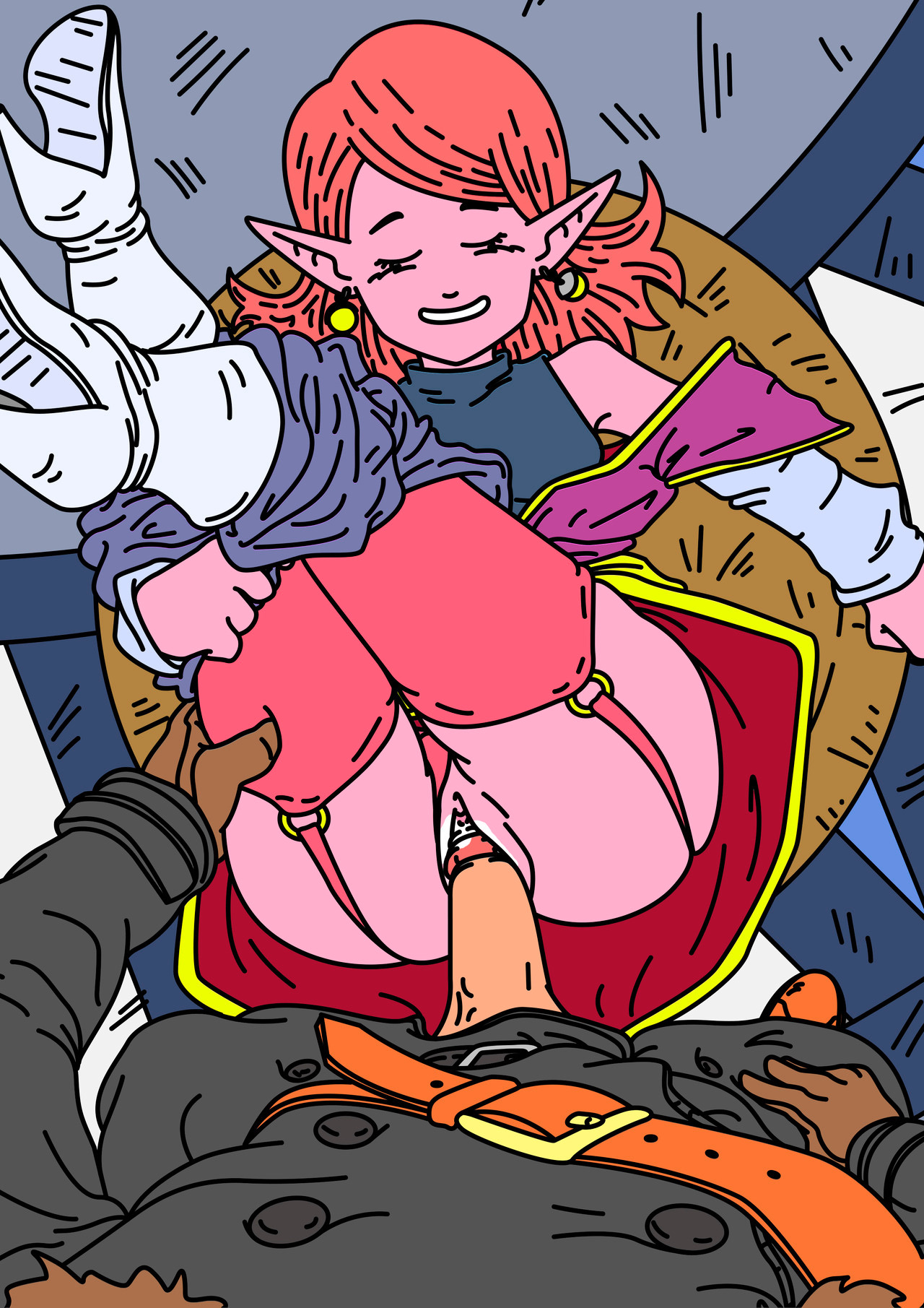 1boy, 1girls, chronoa, closed eyes, clothed, clothing, core person, dbart+18, dragon ball, dragon ball heroes, dragon ball xenoverse, earrings, female, flat colors, future trunks, garter straps, goddess, high heel boots, high heels, interspecies, large penis, male, open mouth, penis, pink skin, pointy ears, potara earrings, pussy, shortstack, smile, spread legs, thighhighs, trunks briefs, vaginal penetration, xeno trunks