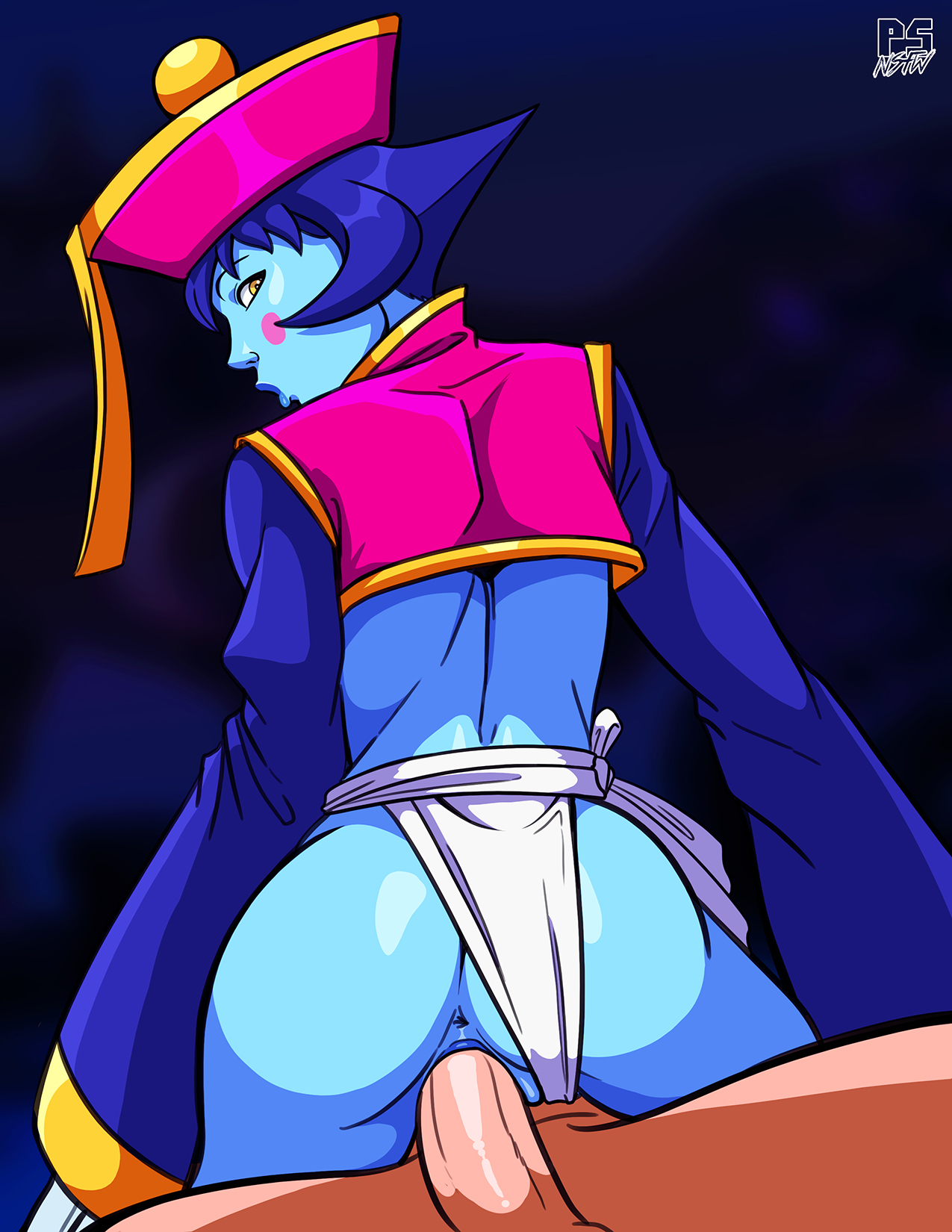 1boy, 1girls, ass, asshole, blue skin, capcom, chinese clothes, clothed sex, clothing, cowgirl position, darkstalkers, female, female on top, hsien ko, jiangshi, lei lei, lei-lei, long sleeves, looking back, male, panties, penis, pouting, pumpkinsinclair, pussy, riding, sex, undead, unseen male face, vaginal penetration, zombie, zombie girl