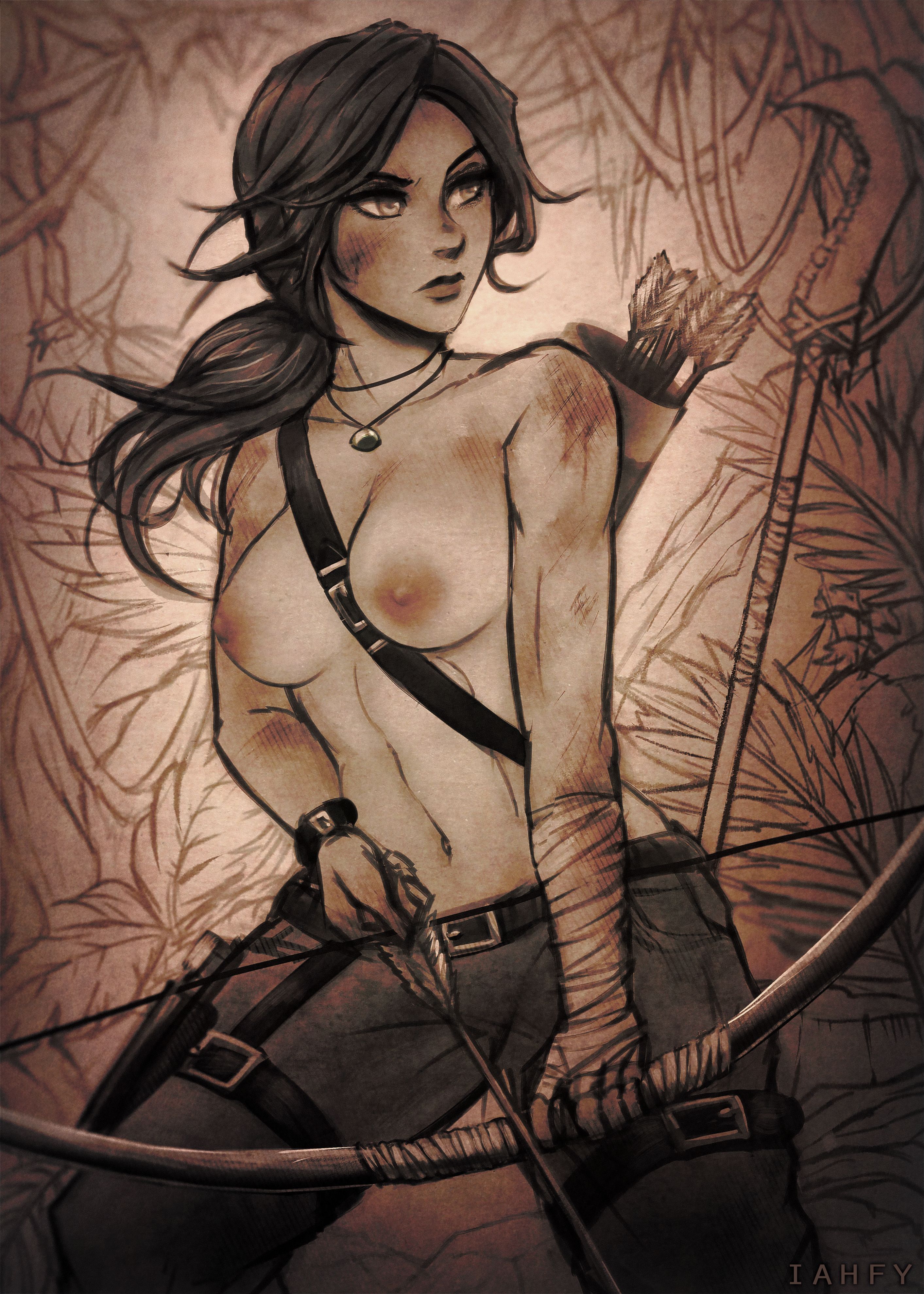 1girls, abs, absurdres, areolae, arrow, arrow (weapon), belt, bow, bow (weapon), breasts, casual, clothing, female, female only, handwear, highres, human, iahfy, lara croft, lara croft (survivor), legwear, muscles, muscular, muscular female, neckwear, nipples, nonsexual, nonsexual nudity, pale skin, solo, tomb raider, tomb raider (survivor), topless, weapon