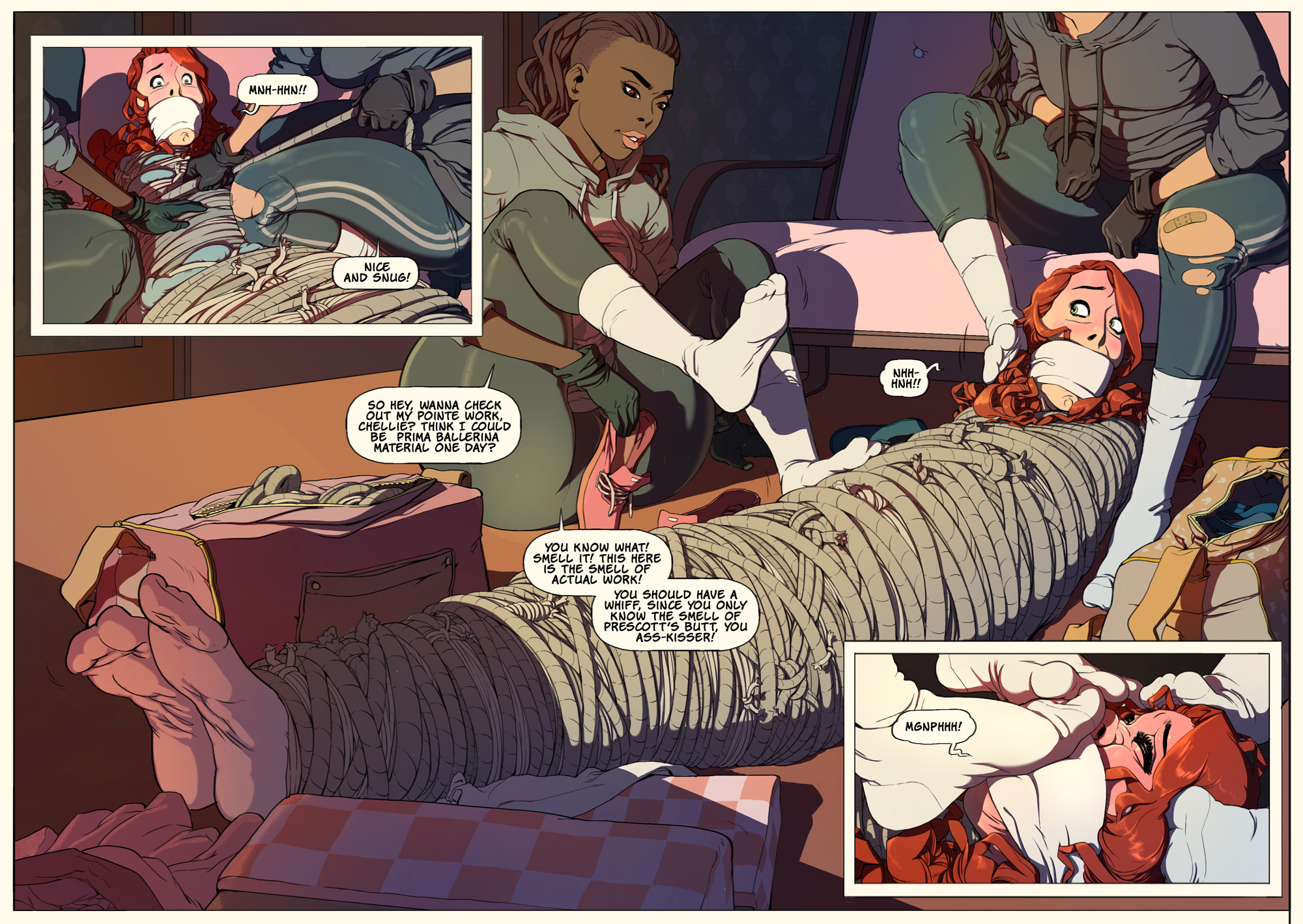 3girls, black hair, bondage, brown eyes, brown hair, comic, dark skin, dark-skinned female, elijah pink, female, female only, gag, gagged, green eyes, hoodie, multiple females, multiple girls, red hair, ripped clothing, rope, rope bondage, socks, sound effects, speech bubble, text, torture