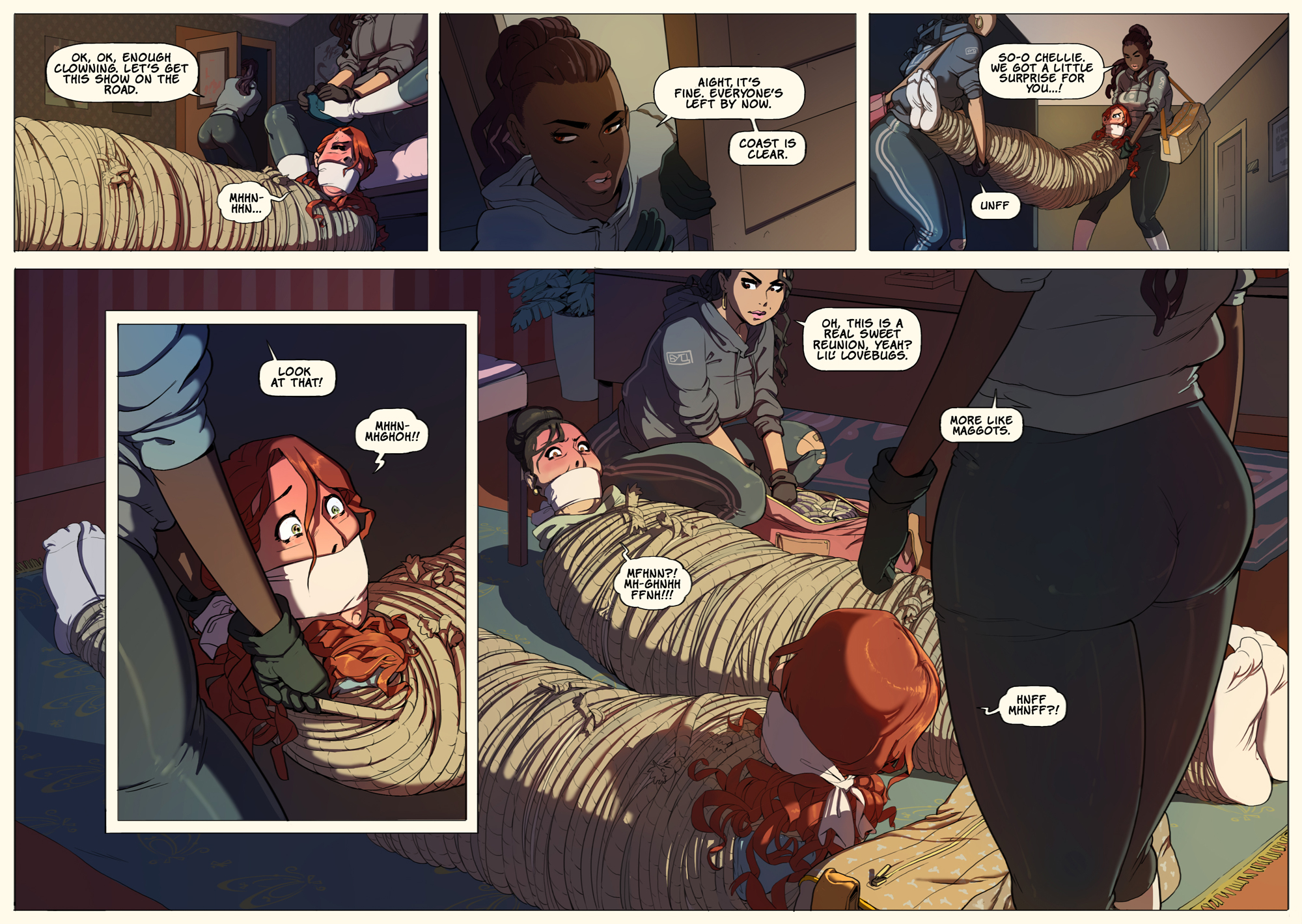 4girls, black hair, bondage, brown eyes, brown hair, comic, dark skin, dark-skinned female, elijah pink, female, female only, gag, gagged, green eyes, hoodie, mole, multiple females, multiple girls, red hair, ripped clothing, rope, rope bondage, socks, speech bubble, text, torture