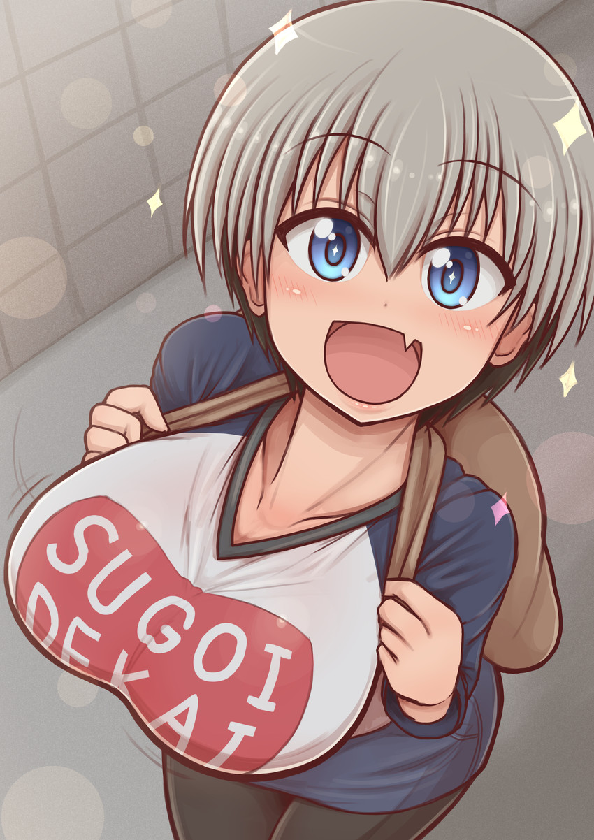 backpack, bag, big breasts, bottomwear, breasts, clothing, female, huge breasts, short hair, skirt, smile, t-shirt, topwear, uzaki hana, uzaki-chan wa asobitai!, wholesome
