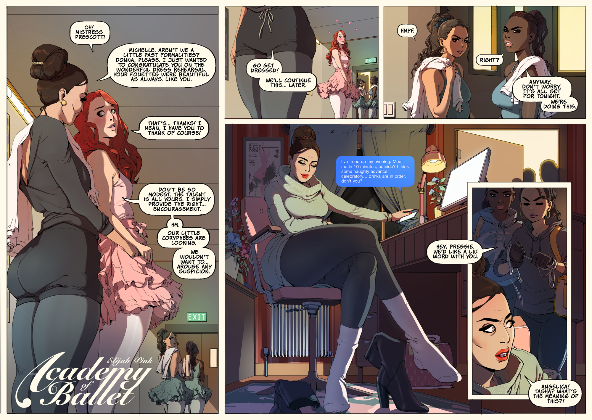 4girls, ballerina, ballet, black hair, brown eyes, brown hair, comic, dark skin, dark-skinned female, dress, earrings, elijah pink, female, female only, green eyes, high heels, lipstick, message, multiple females, multiple girls, red hair, rope, speech bubble, text, yuri
