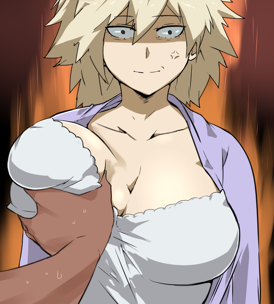 1boy 1girls anger_vein angry big_breasts blonde_hair breast_grab breast_lift breast_squeeze breasts brown_eyes cafekun cleavage close-up clothed collarbone huge_breasts large_breasts looking_at_viewer male_pov milf mitsuki_bakugou my_hero_academia orange_background pale-skinned_female pale_skin pov shirt short_hair smile straight sweat tan-skinned_male tan_skin