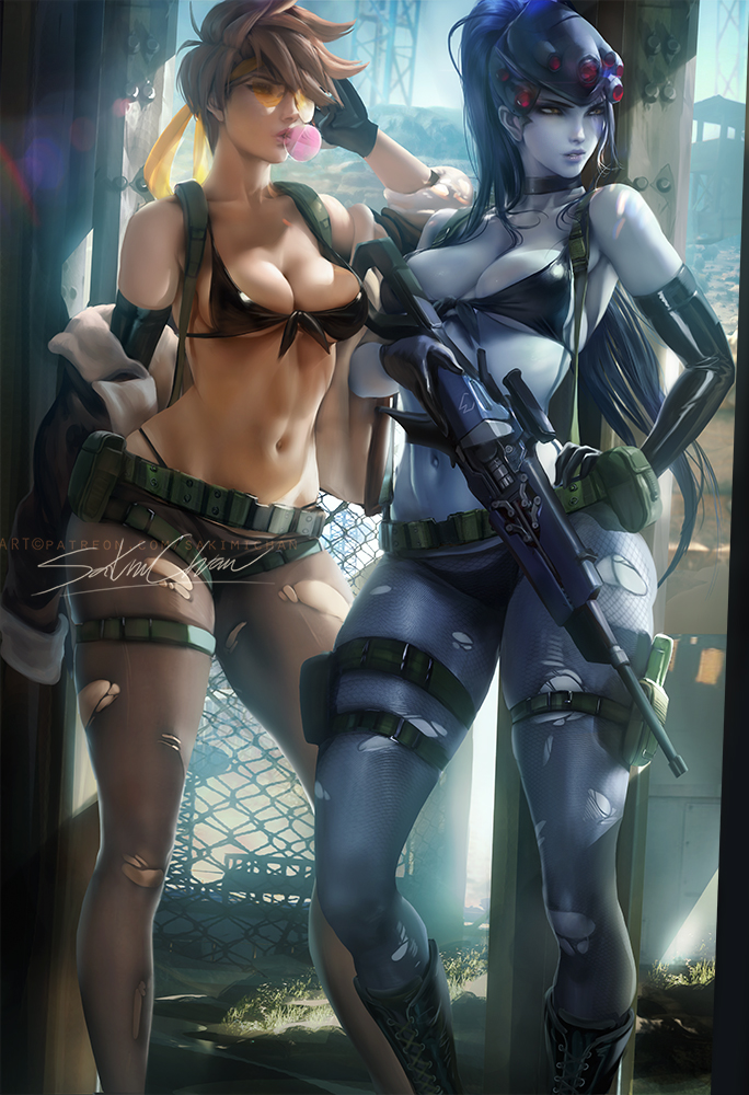 2girls amelie_lacroix big_breasts blizzard_entertainment breasts cleavage cosplay crossover_cosplay female female_only hourglass_figure kojima_productions konami lena_oxton metal_gear_solid metal_gear_solid_v overwatch panties quiet_(metal_gear)_(cosplay) sakimichan sniper take_your_pick tracer voluptuous whale_tail widowmaker