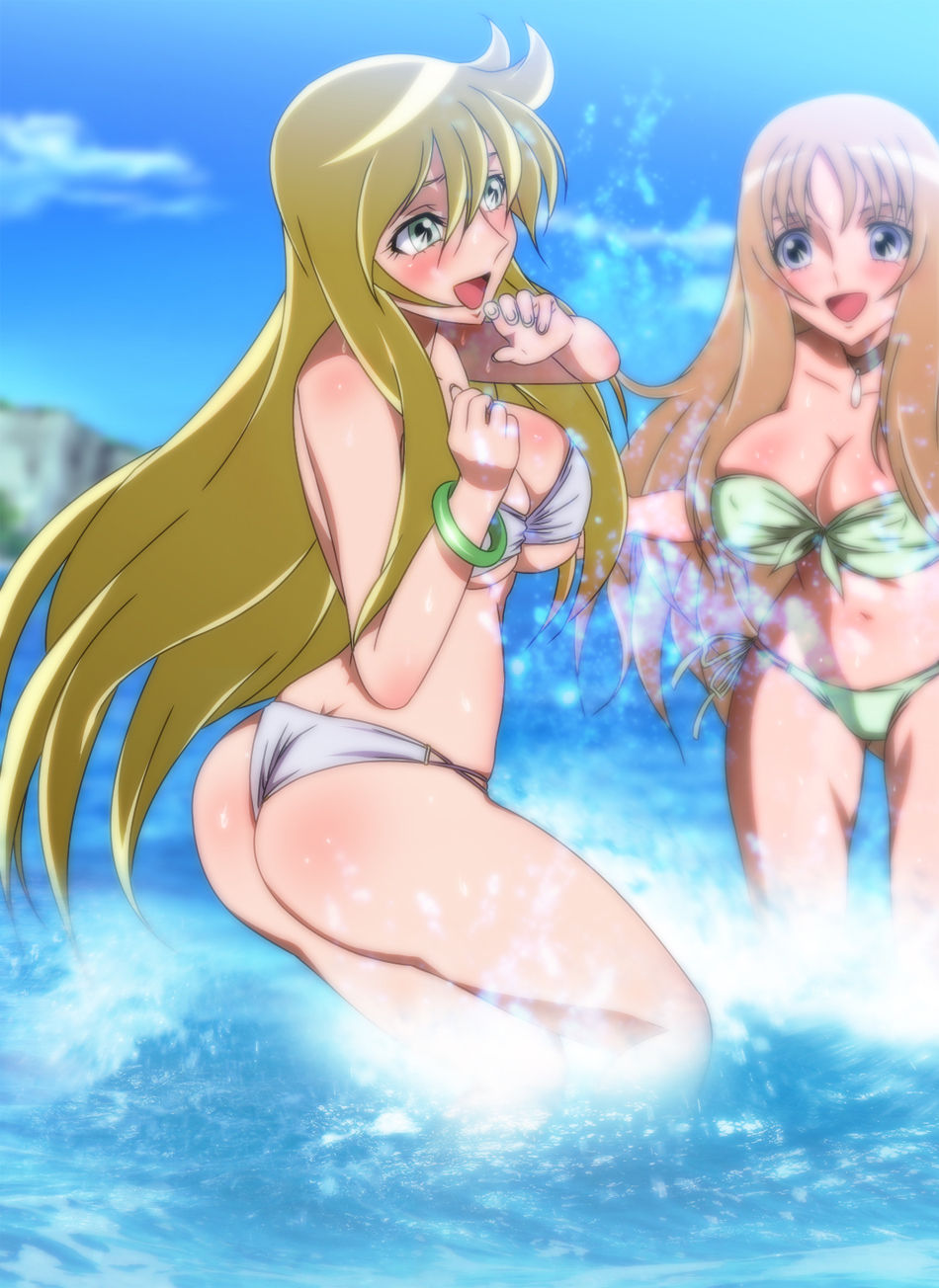 2girls aquila_yuna ass bikini blonde_hair blush bra breasts bronze_saints female huge_breasts human large_breasts long_hair open_mouth pale-skinned_female pale_skin panties peacock_pavlin saint_seiya saint_seiya_omega silver_saints smile thick_thighs thighs underwear voluptuous water wide_hips yadokari_genpachirou