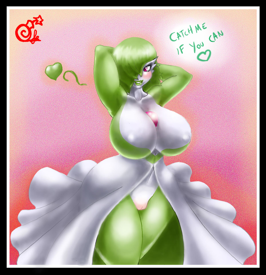 1girls, areolae, armpits, arms behind head, arms up, ass, big breasts, black border, breasts, carmessi, cleavage, clothing, dress, female, female only, gardevoir, green lipstick, green skin, hair over one eye, heart, huge ass, huge breasts, humanoid, lipstick, looking at viewer, nintendo, pokemon, pokemon (species), pokemon rse, pussy, smile, spoken heart, standing, text, thick thighs, white skin, wide hips