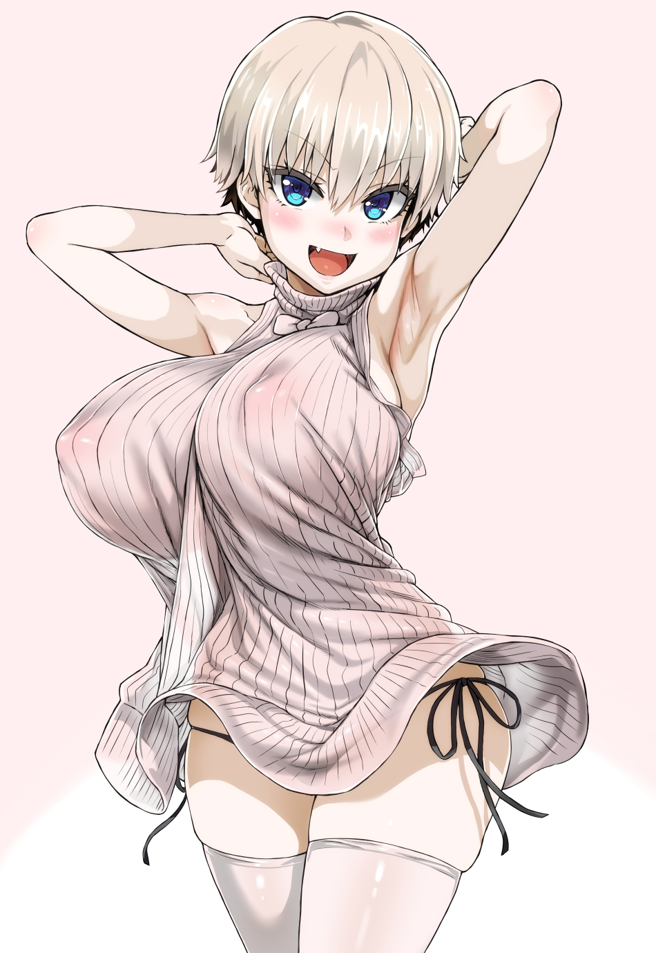 1girls, armpits, arms behind head, asanagi, big breasts, blush, breasts, bursting breasts, clothed, clothing, female, female focus, female only, grey hair, highres, huge breasts, large breasts, light skin, light-skinned female, nipple bulge, nipples, nipples visible through clothing, oerba yun fang, open mouth, pale skin, pale-skinned female, short hair, shortstack, simple background, skindentation, smile, solo, sweater, thick thighs, thighhighs, turtleneck, uzaki hana, uzaki-chan wa asobitai!, very short hair, white background