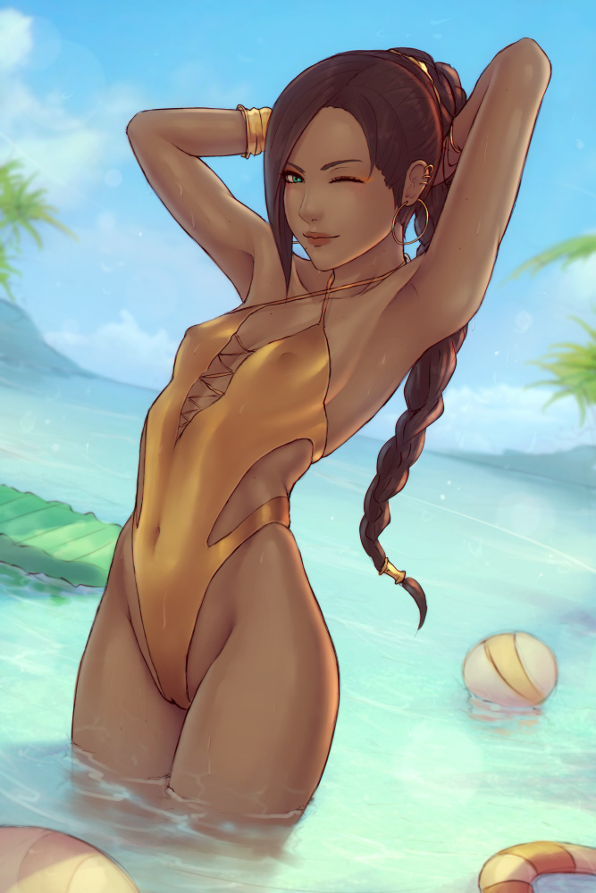 breasts, cleavage, dark skin, dark-skinned female, female, female only, final fantasy, final fantasy xiv, hyur, looking at viewer, one-piece swimsuit, small breasts, solo, soranamae, swimsuit