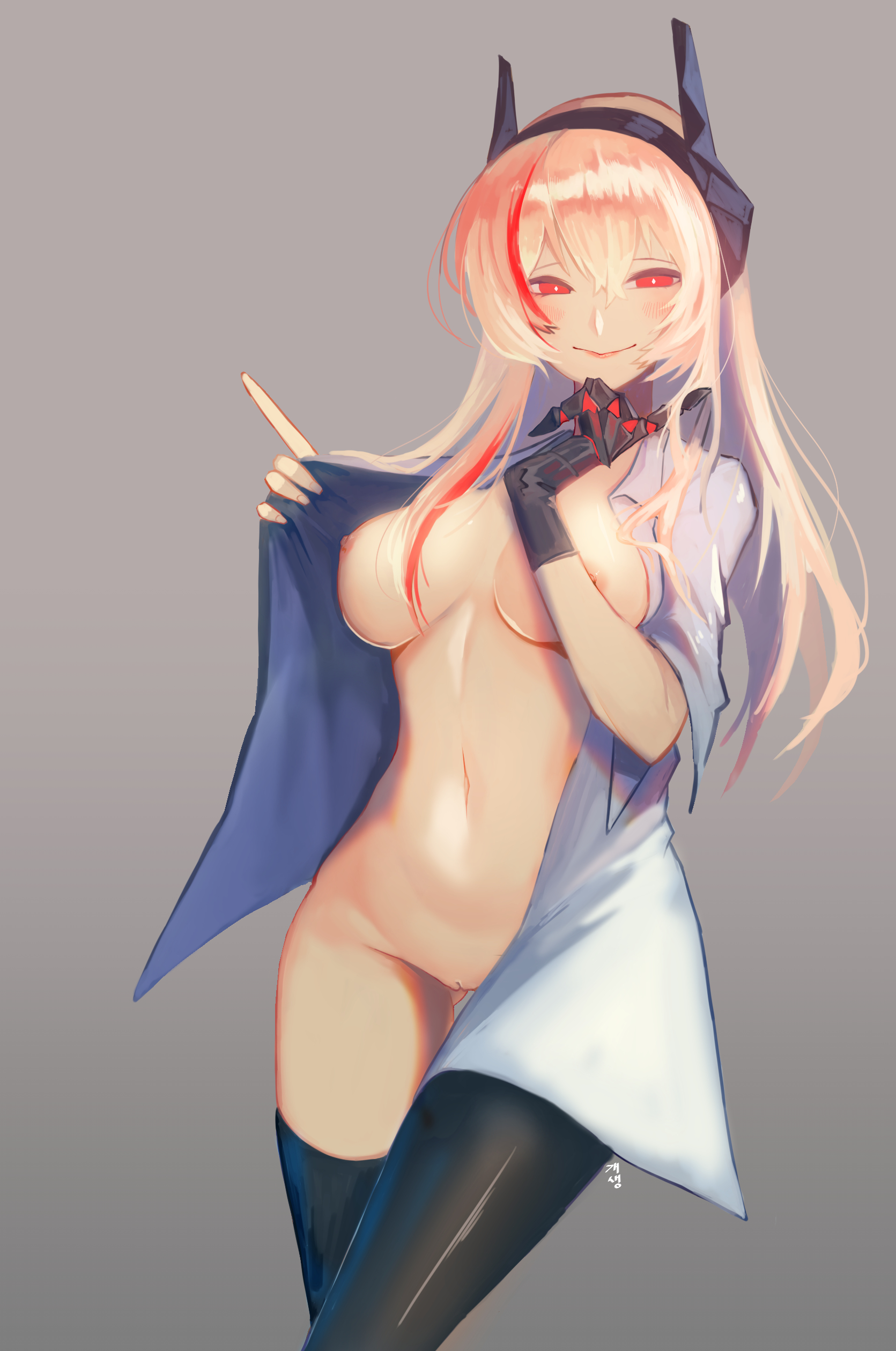 absurdres, areolae, ass visible through thighs, bangs, black gloves, black legwear, blush, eyebrows visible through hair, female, girls' frontline, gloves, grey background, groin, hair between eyes, half-closed eyes, hand up, headgear, highres, long hair, looking at viewer, m4 sopmod ii (girls' frontline), multicolored hair, naked shirt, navel, nipples, open clothes, open mouth, open shirt, pink hair, pussy, red eyes, red hair, shirt, sidelocks, signature, simple background, single glove, smile, solo, stomach, streaked hair, thighhighs, uncensored, white shirt, zsziqi