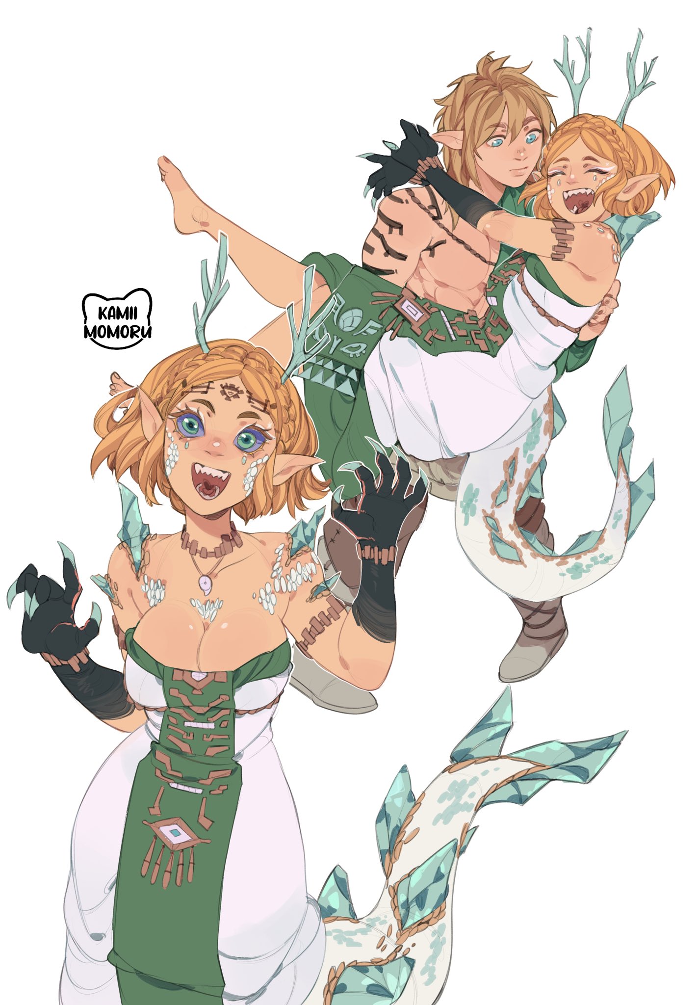 :d, 1boy, 1girls, archaic set (zelda), artist logo, artist name, bare shoulders, barefoot, big breasts, blonde hair, blue sclera, breasts, carrying, claw pose, claws, cleavage, collarbone, colored sclera, commentary, dragon girl, dragon horns, dragon tail, dragon zelda, dress, english commentary, fangs, green eyes, green tunic, highres, horns, hug, jewelry, kamii momoru, large breasts, light dragon (totk), light dragon (zelda), link, link (tears of the kingdom), logo, material growth, monster girl, necklace, nintendo, open mouth, pointy ears, princess carry, princess zelda, purple sclera, scales, sharp teeth, short hair, shoulder spikes, simple background, smile, spiked tail, spikes, spoilers, strapless, strapless dress, tail, tears of the kingdom, teeth, the legend of zelda, the legend of zelda: tears of the kingdom, tunic, white background, white dress, white scales, wholesome, zelda (tears of the kingdom)