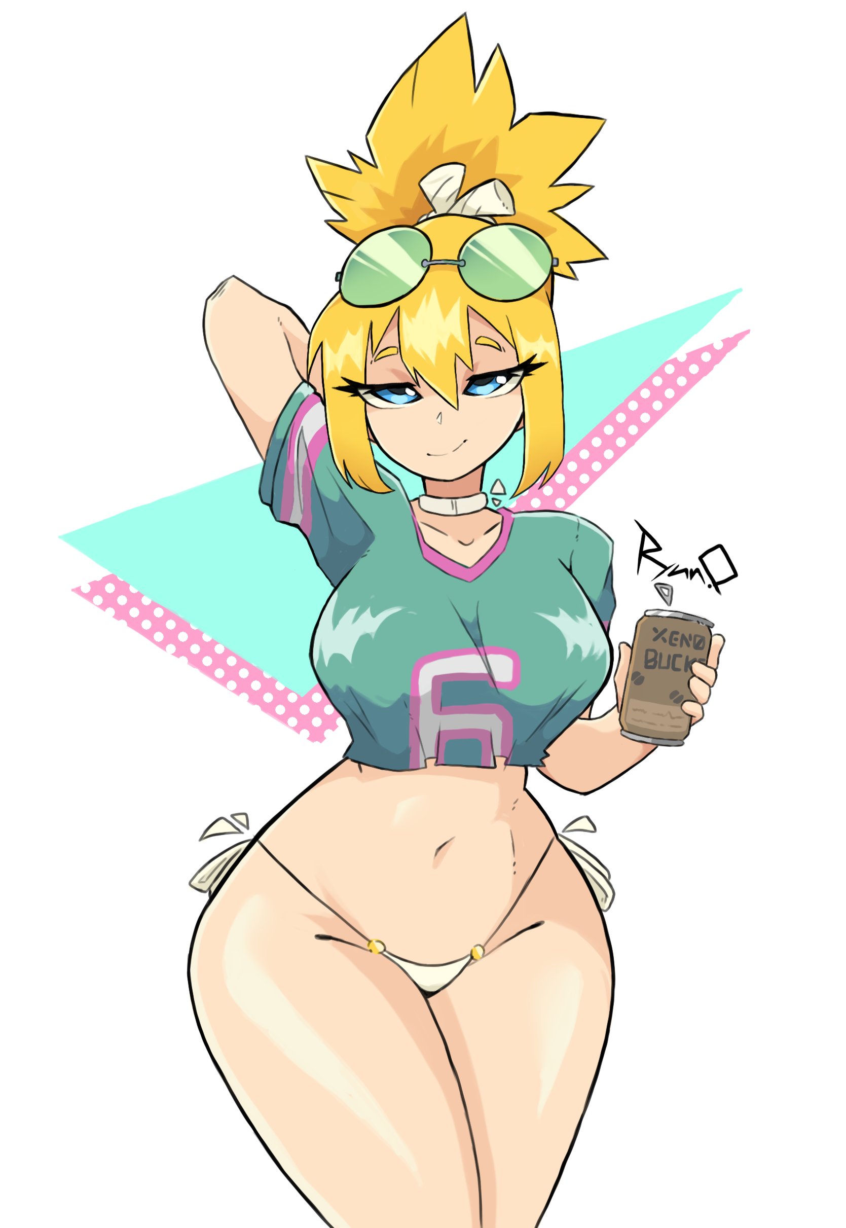 1girls, angelquartz (artist), big breasts, bikini bottom, blonde hair, blonde-haired female, blue eyes, breasts, cosplay, crop top, dr.stone, female, female only, grand theft auto, grand theft auto vi, gta vi cover girl, gta vi cover girl (cosplay), holding, holding beverage, holding can, holding object, hourglass figure, kohaku (dr.stone), looking at viewer, midriff, navel, smile, sunglasses, sunglasses on head, thick thighs