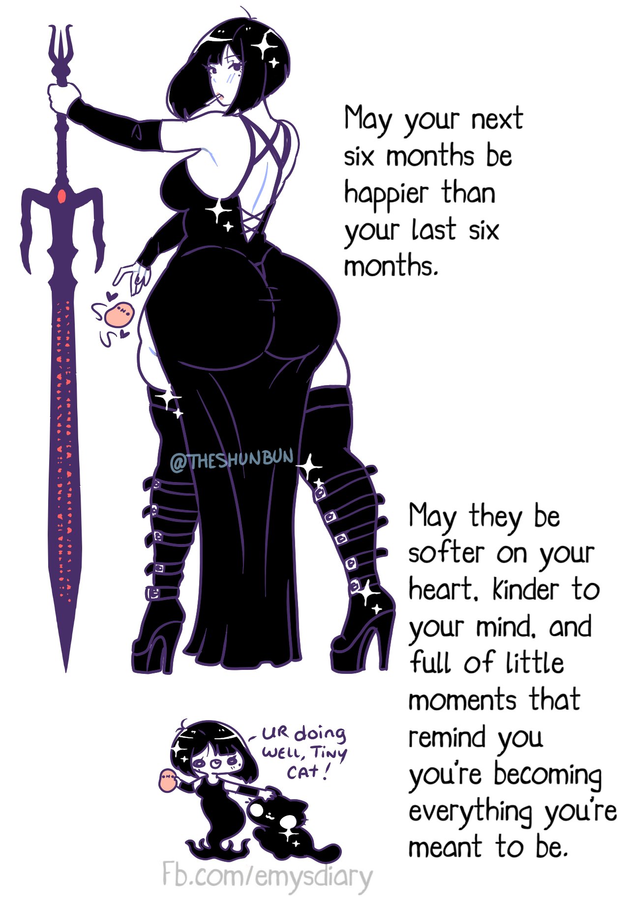 1girls, arm warmers, armwear, ass, ass visible through clothes, back view, beauty mark, behind view, big ass, big booty, big butt, big sword, black hair, blush, blushing, bob cut, bubble ass, bubble butt, butt, cat, chibi, cigarette, cigarette in mouth, curvaceous, curvaceous figure, curvaceous hips, curvy, curvy female, dat ass, dress, dumptruck ass, dumptruck butt, emotional support, encouragement, encouraging viewer, enormous ass, enormous butt, fat ass, female only, form fitting, goth, goth girl, gothic girl, greatsword, heels, high heels, hips wider than shoulders, huge ass, huge butt, kawaii potato, large ass, large butt, lasombra, looking at viewer, looking back, mole, motivational, pale skin, pale-skinned female, pear shaped, pear-shaped figure, platform heels, slit dress, solo female, sparkles, sword, tagme, talking to viewer, theshunbun, thicc, thick ass, thick legs, thick thighs, thigh highs, thighhighs, thin waist, tight clothing, voluptuous, voluptuous female, weapon, white skin, wholesome, wholesome end, wide hips