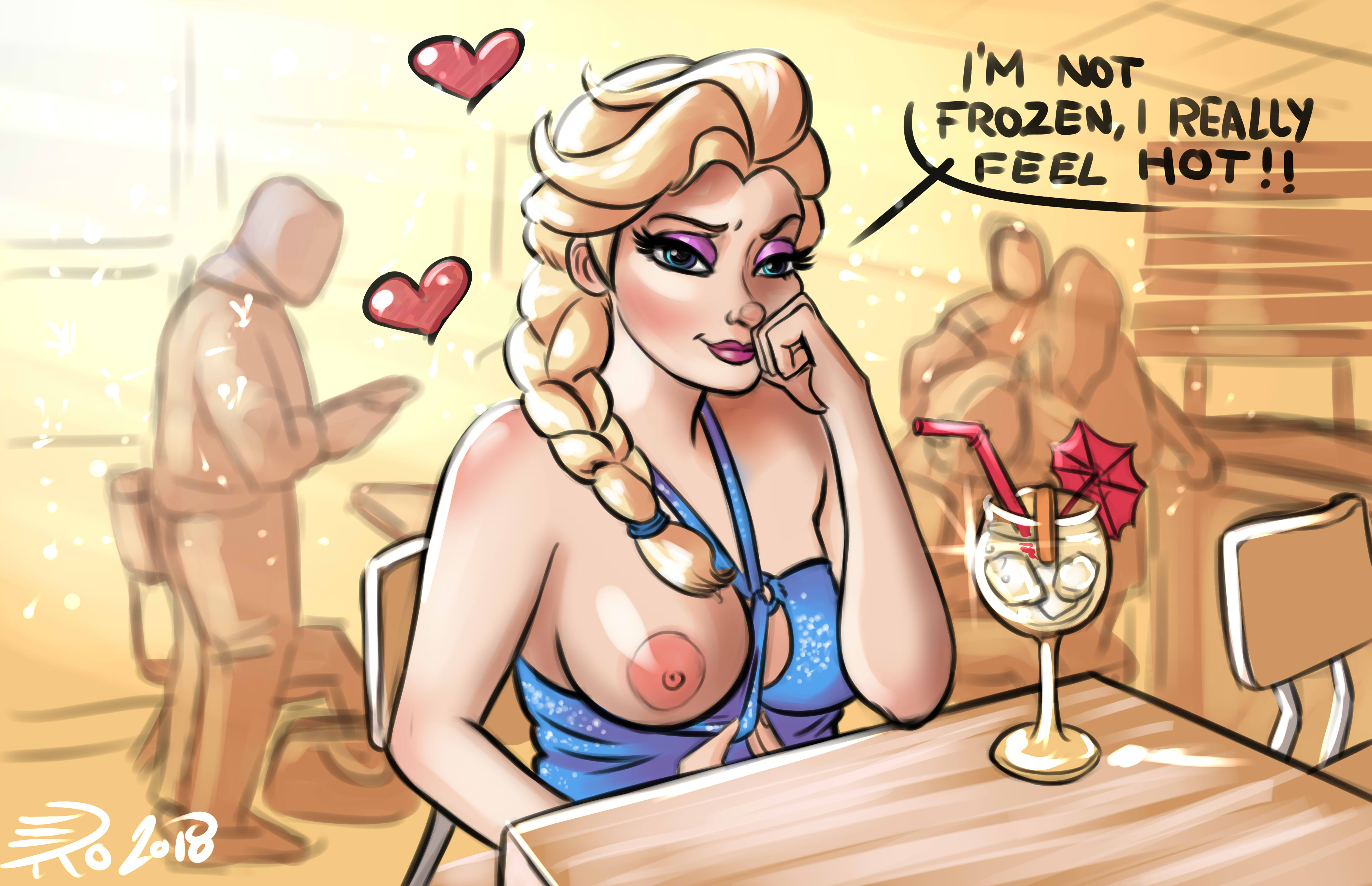 areolae, blonde hair, blue eyes, breasts, clothing, disney, dress, elsa (frozen), female, flashing, frozen (film), looking at viewer, nipples, oppai challenge, psicoero, public, public exposure, solo focus, speech bubble, text