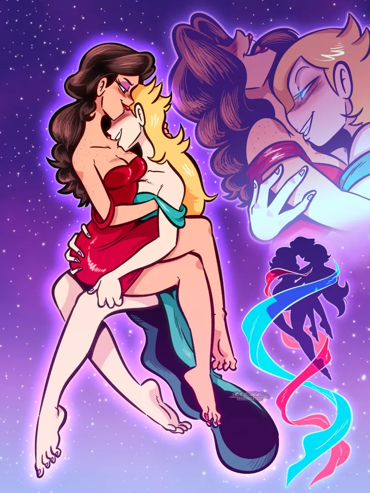 biting cheek, biting neck, blush, blush lines, blushing, blushing female, brandon santiago (artist), clothed female, girls only, holding partner, lesbian, mario (series), pauline, pauline (mario), princess rosalina, rosalina, rosalina (mario), space, super mario bros., yuri