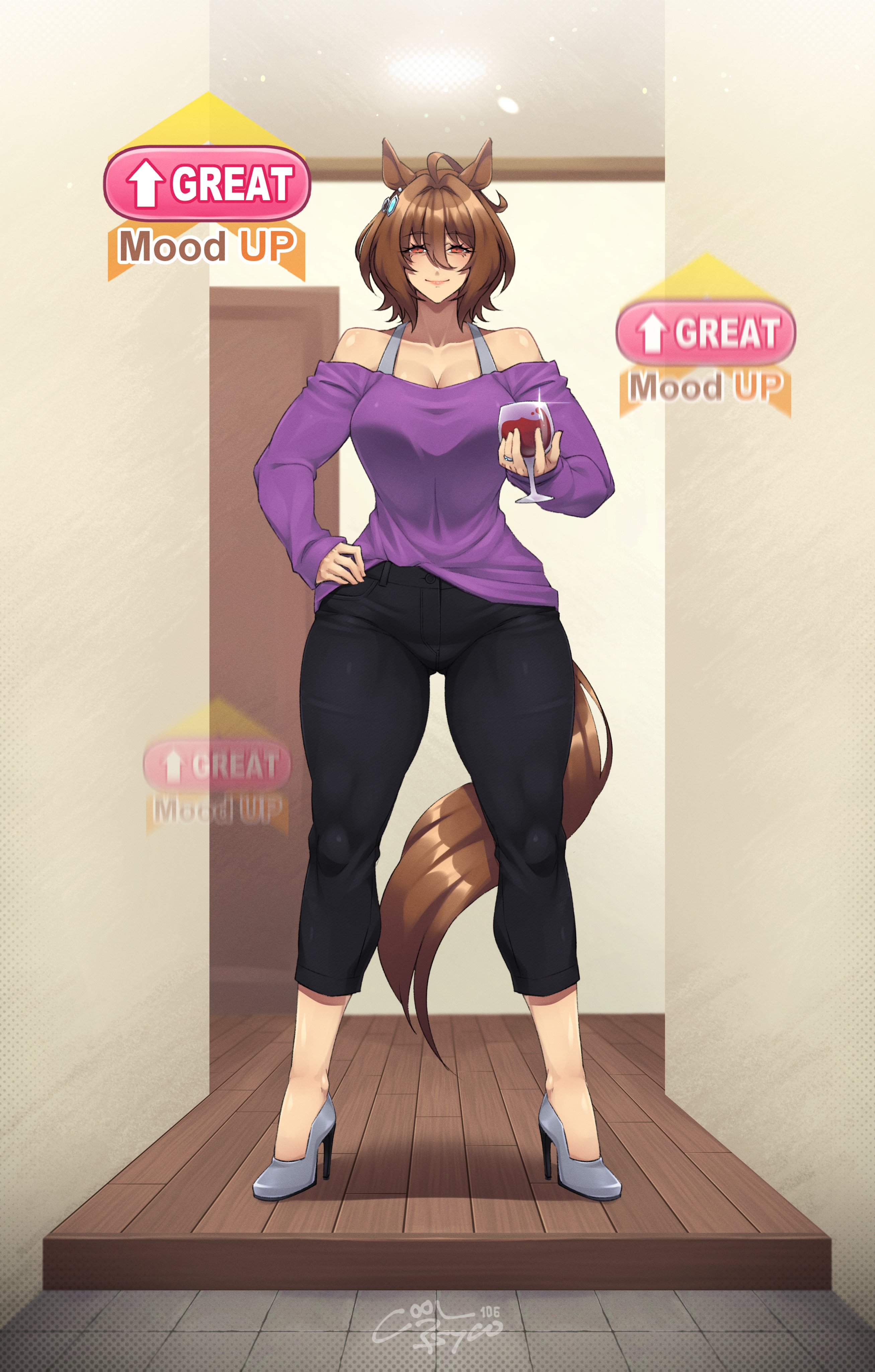 1girls, absurdres, aged up, agnes tachyon (casual) (umamusume), agnes tachyon (umamusume), ahoge, alcohol, animal ears, ass visible through thighs, bare shoulders, breasts, brown hair, cleavage, collarbone, commentary, coolpsyco, coolpsyco106, covered knees, cup, denim, drinking glass, english commentary, full body, grey shoes, hair between eyes, hair ornament, hand on own hip, high heels, highres, horse ears, horse girl, horse tail, jeans, jewelry, large breasts, lips, looking at viewer, mature female, mood (umamusume), off shoulder, pants, red eyes, red wine, ring, shoes, sleeves past wrists, smile, solo, tail, umamusume, wedding ring, wine, wine glass