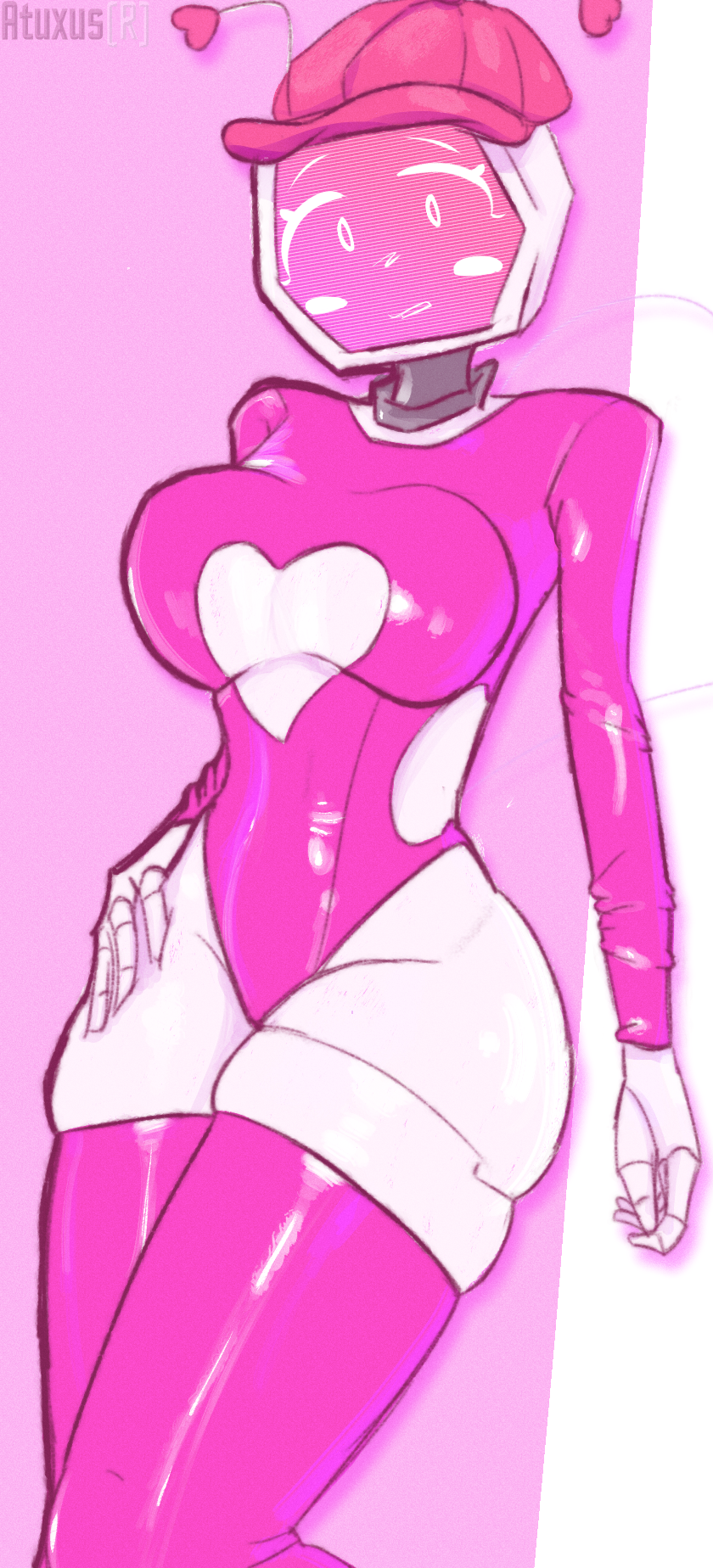 1girls, antennae (anatomy), artist name, atuxus(r), big ass, big breasts, blush, breasts, female, female only, forsaken (roblox), hat, heart symbol, hearts, latex, light skin, lovebug veeronica, pink clothing, roblox, roblox game, robloxian, robot, robot girl, self upload, thick thighs, thighhighs, tv head, underboob, veeronica, white body, white skin, white skin (monochrome)